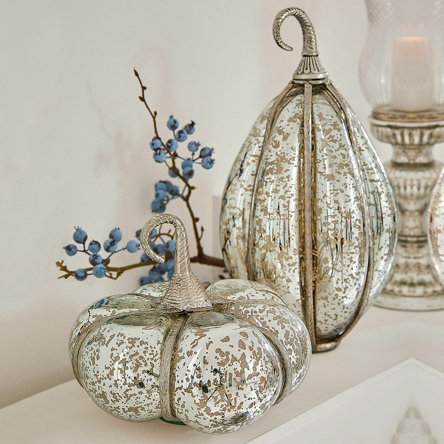 Coppia di zucche Kiyo Zucca decorativa in vetro con effetto argento invecchiato per arredamento autunnale