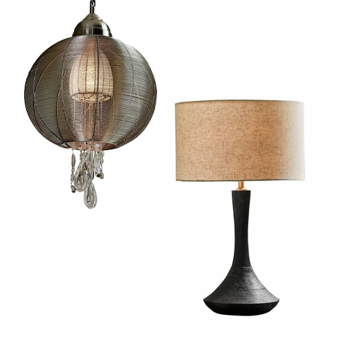 Lampada a sospensione con rete metallica e decorazioni in cristallo e lampada da tavolo nera con paralume beige