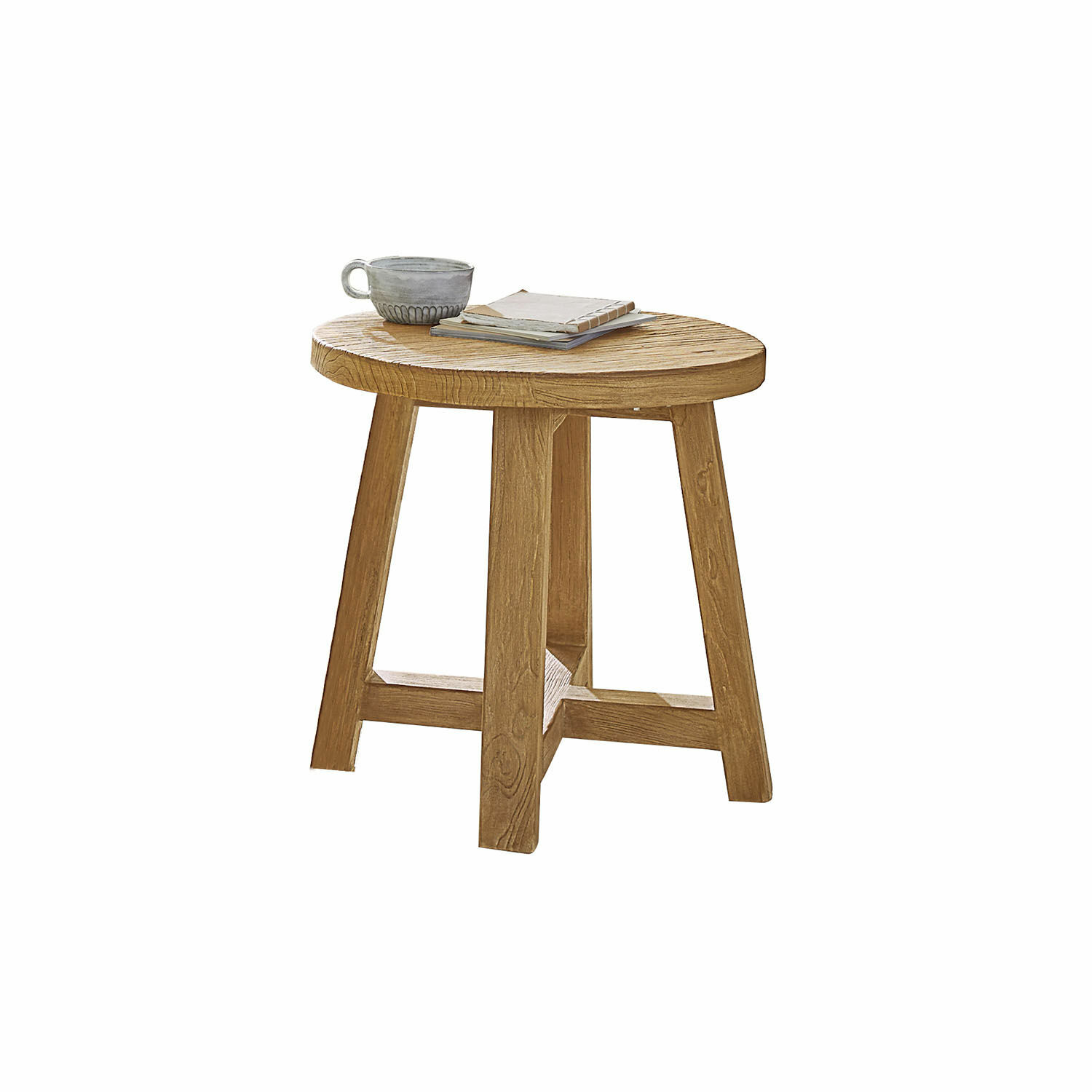 Tavolino di complemento Gorivel Tavolino rotondo in legno naturale con tazza e libri sul piano