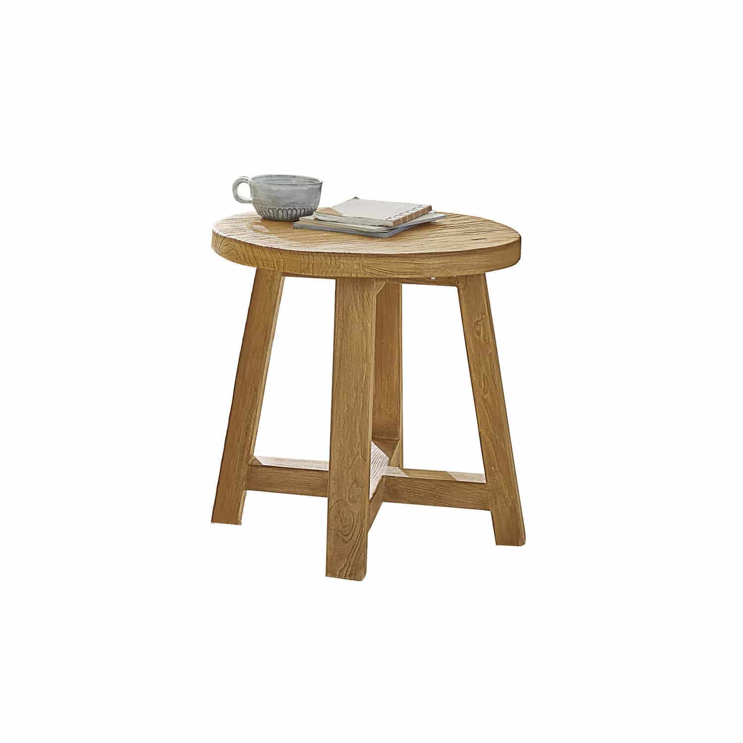Tavolino di complemento Gorivel Tavolino rotondo in legno naturale con tazza e libri sul piano