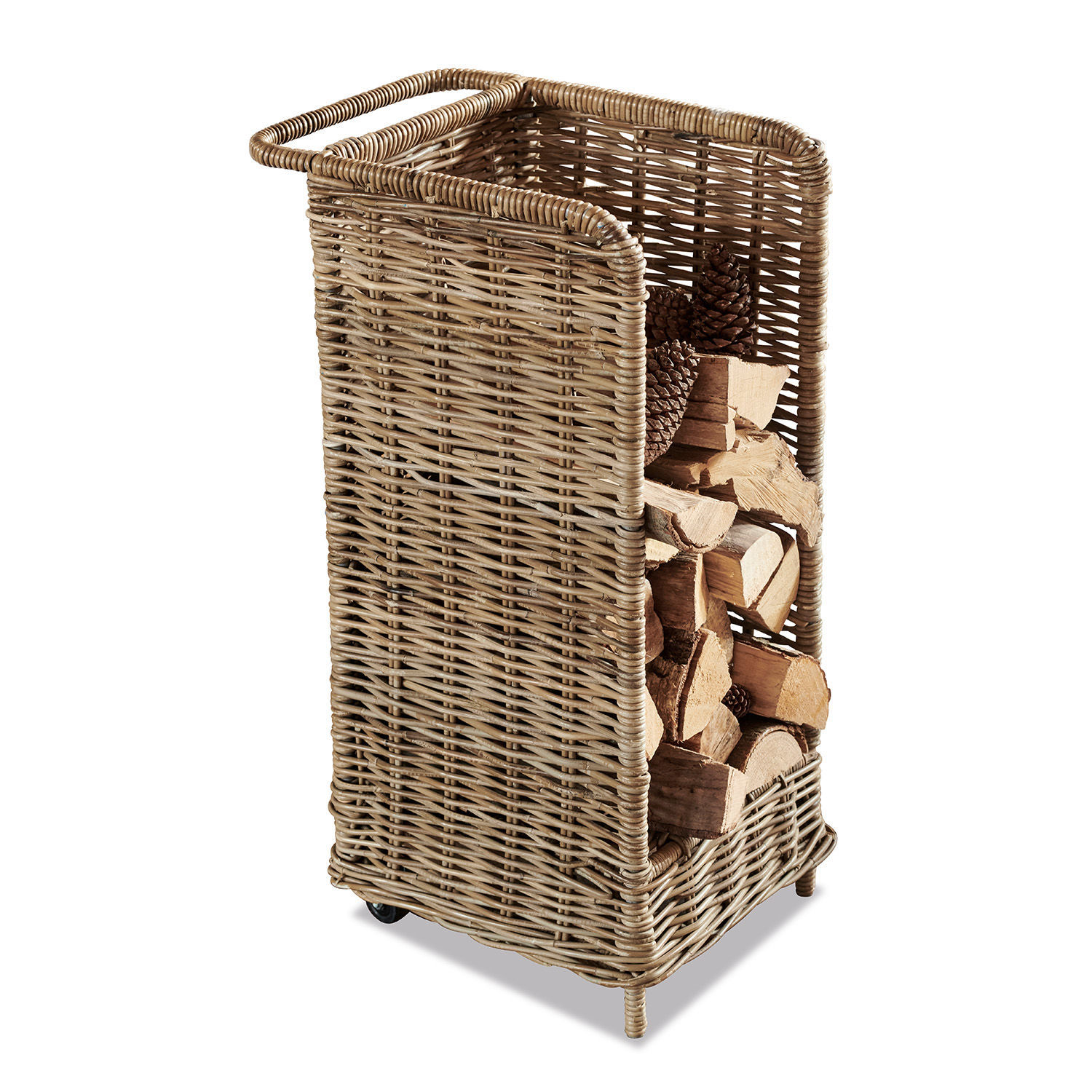 Cesta portalegna Xabier Cesto per legna in rattan naturale con ruote per facile trasporto e stoccaggio pratico