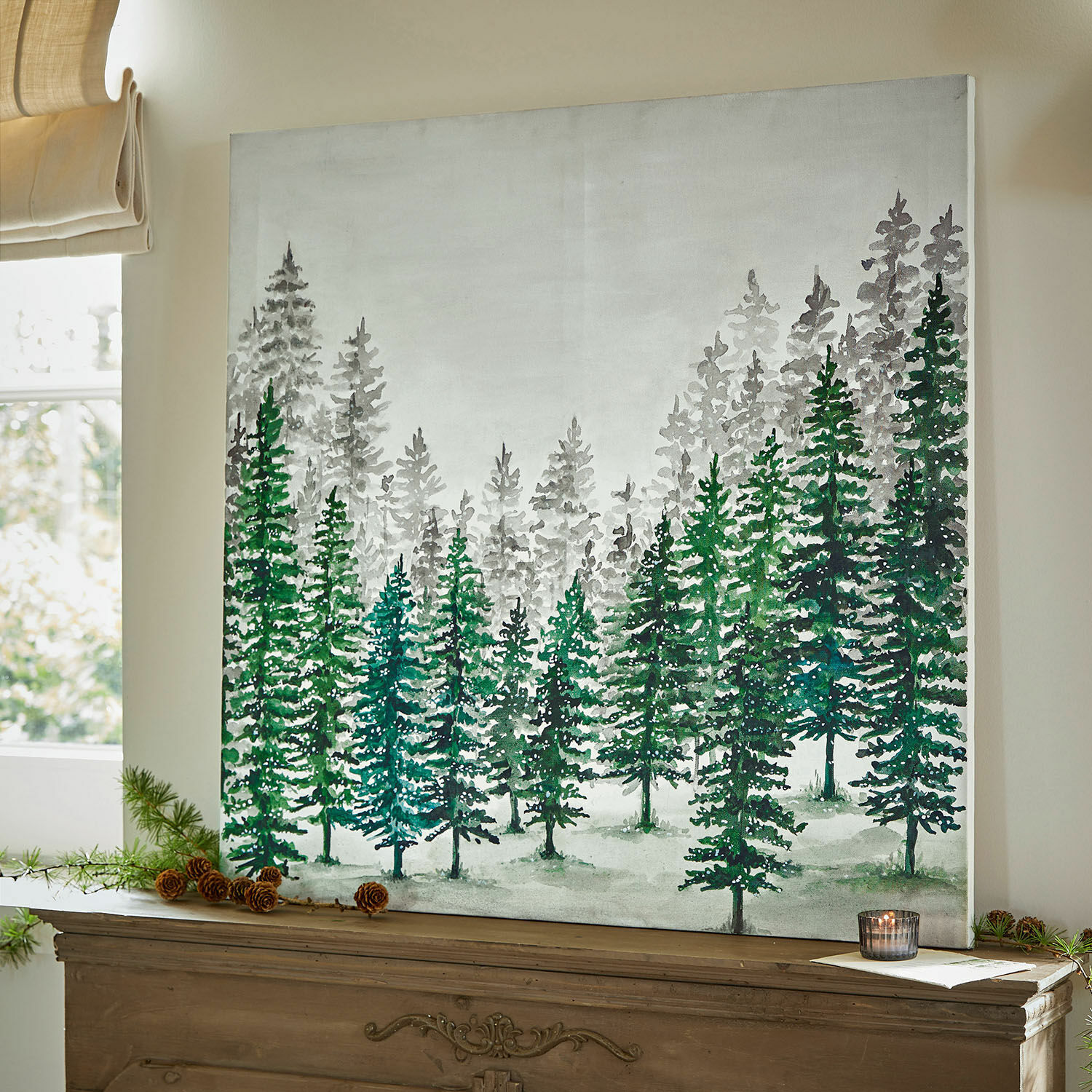 Quadro Mierta Quadro su tela con pini verdi e grigi, decorazione murale naturale per soggiorno