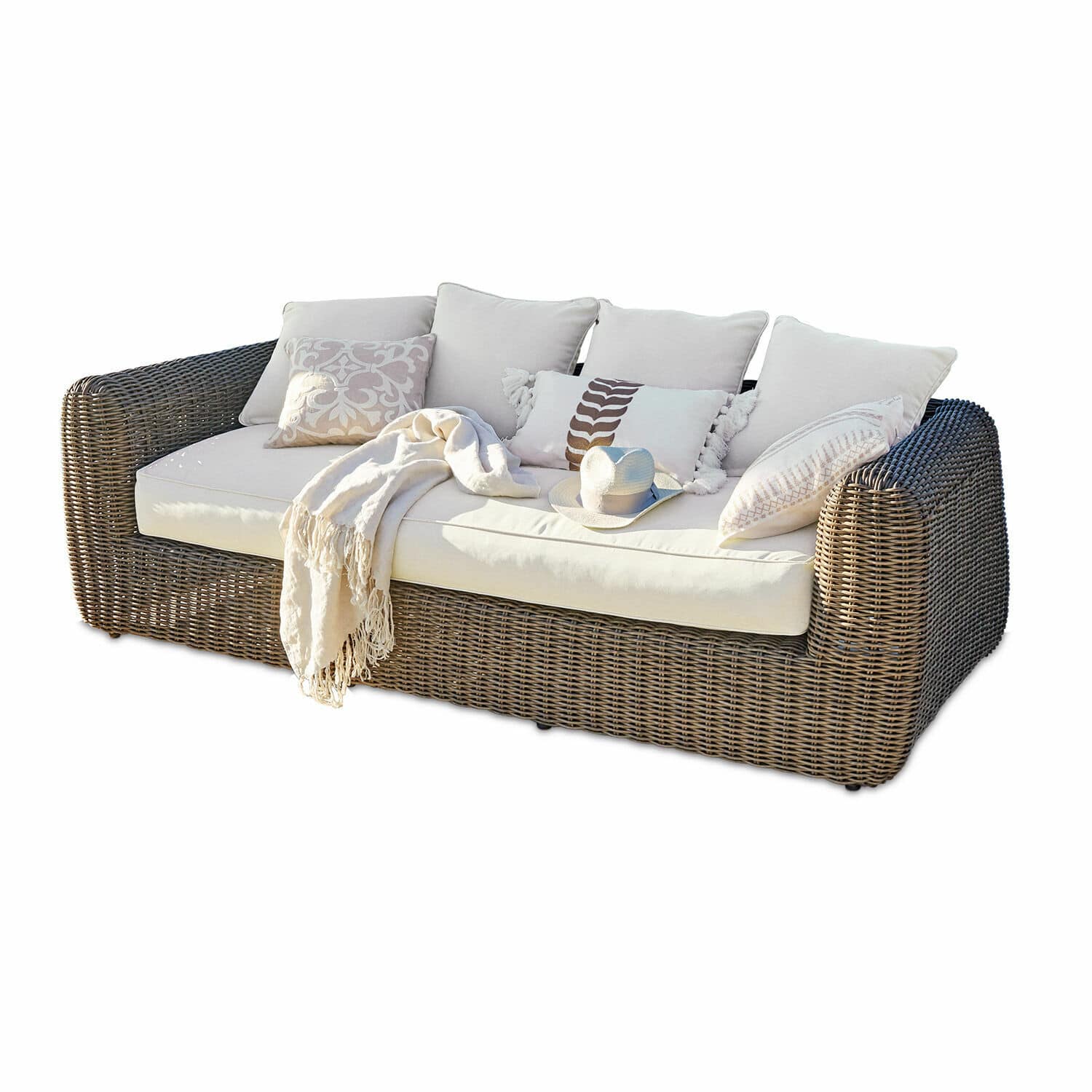 Divano Bogdanne Divano in rattan con cuscini crema e coperta, ideale per giardino e terrazza