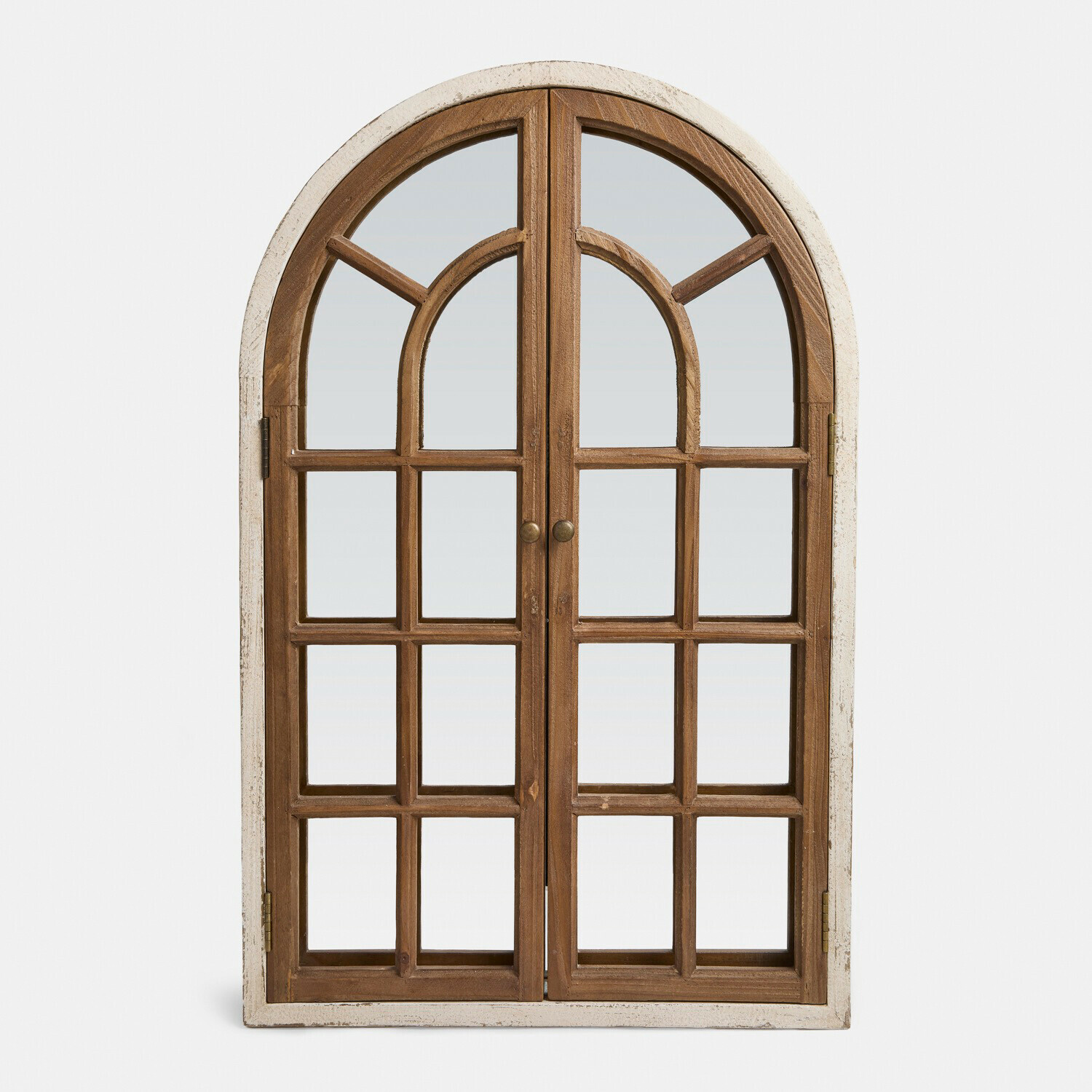 Finestra decorativa con specchio Montévine Finestra in legno con pannello superiore ad arco e cornice bianca, stile rustico, vetro decorativo