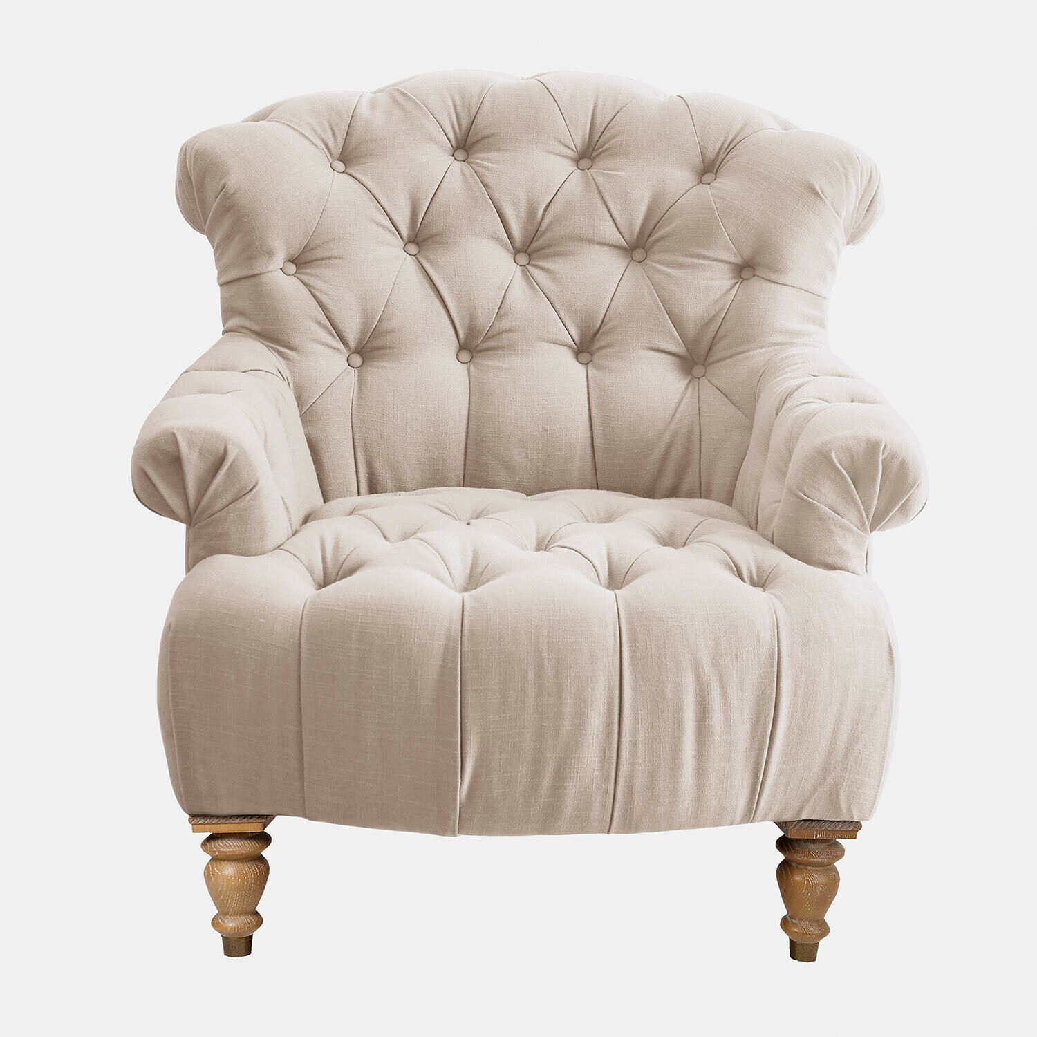 lino Poltrona Springfield in lino beige con schienale capitonné e gambe in legno, mobile elegante per soggiorno