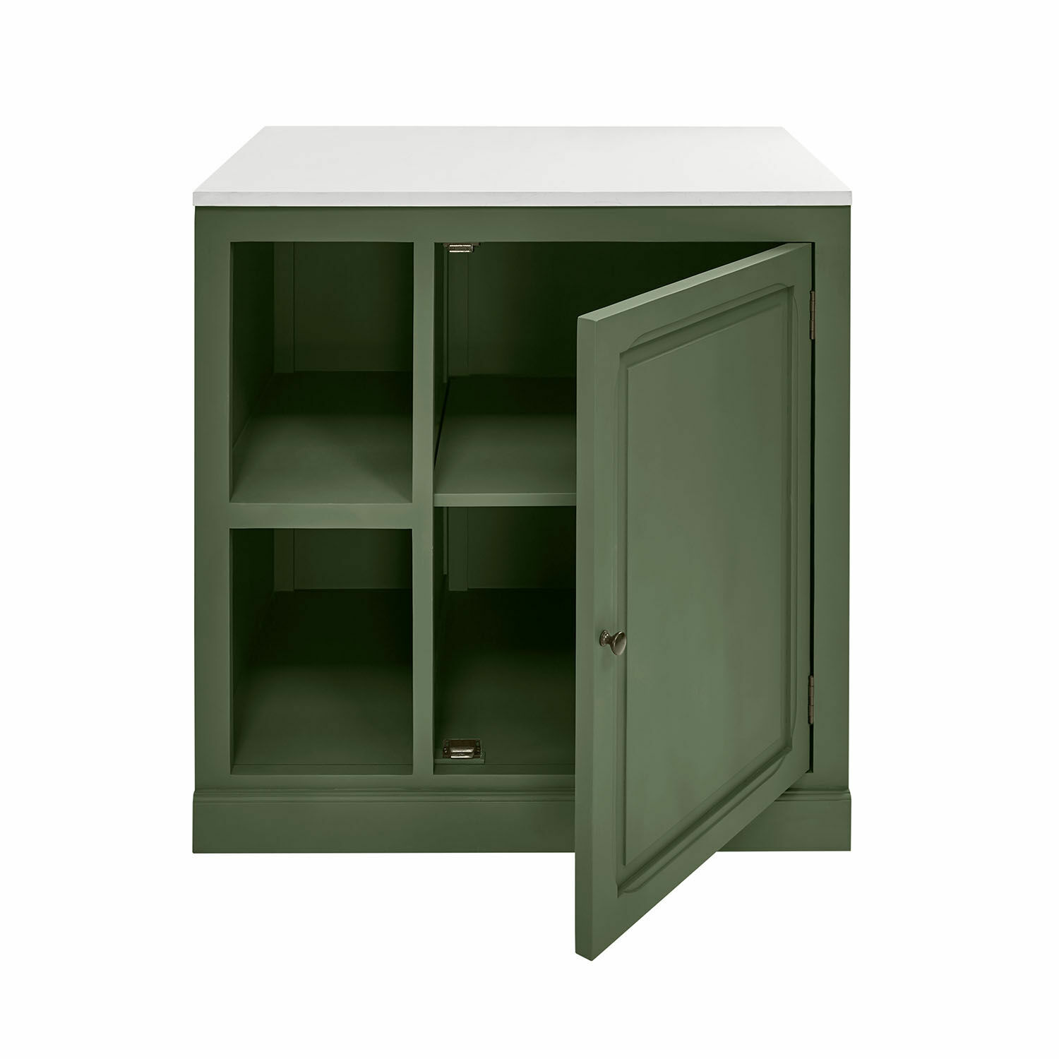 Mobile per la cucina Lansbury Mobile verde in legno con piano bianco e ripiani aperti per spazio di archiviazione in soggiorno