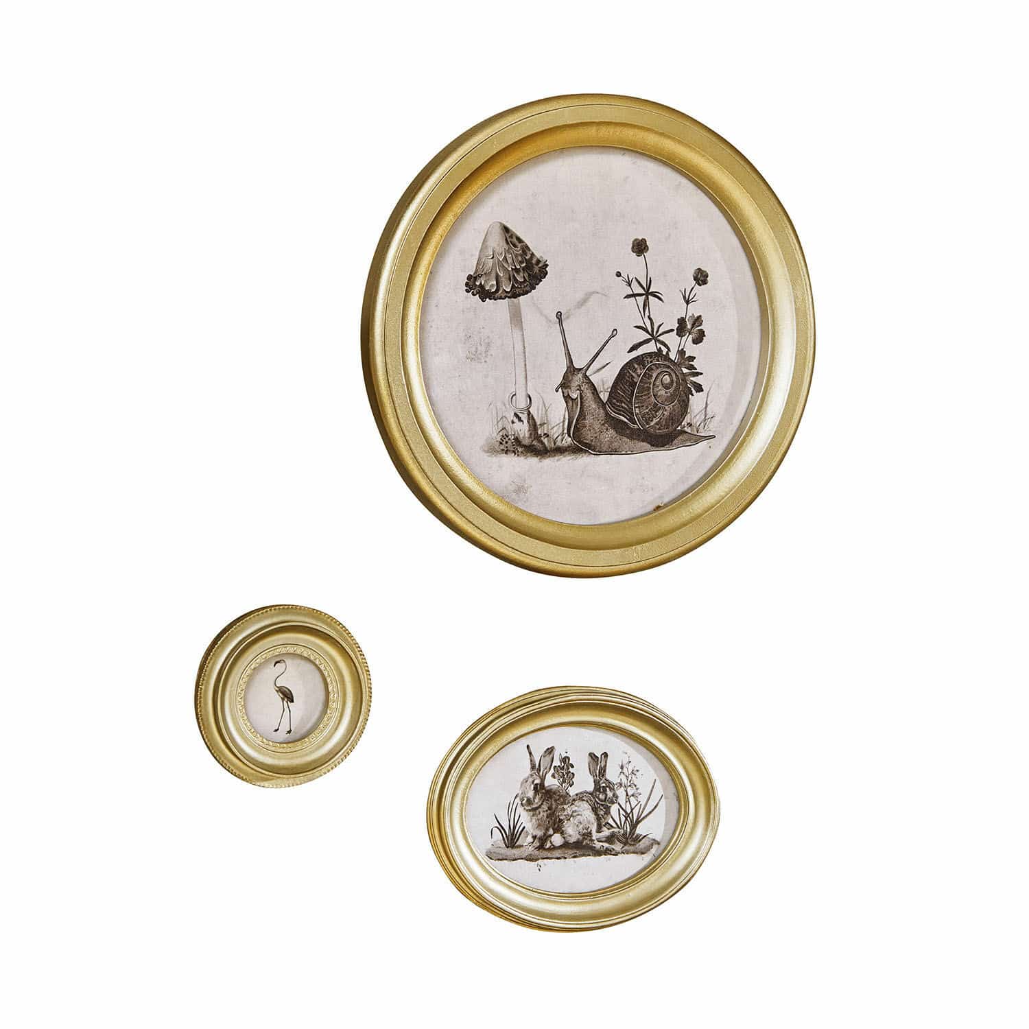 Set di 3 quadretti Atriana Set di tre cornici dorate con illustrazioni di lumaca, fenicottero e conigli per decorazione da parete