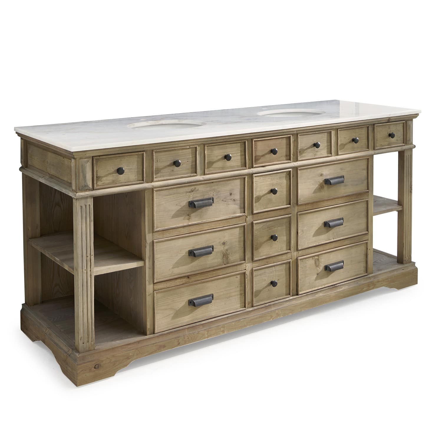 Mobile con doppio lavabo Covingale Mobile bagno in legno con piano in marmo bianco e numerosi cassetti in colore legno naturale