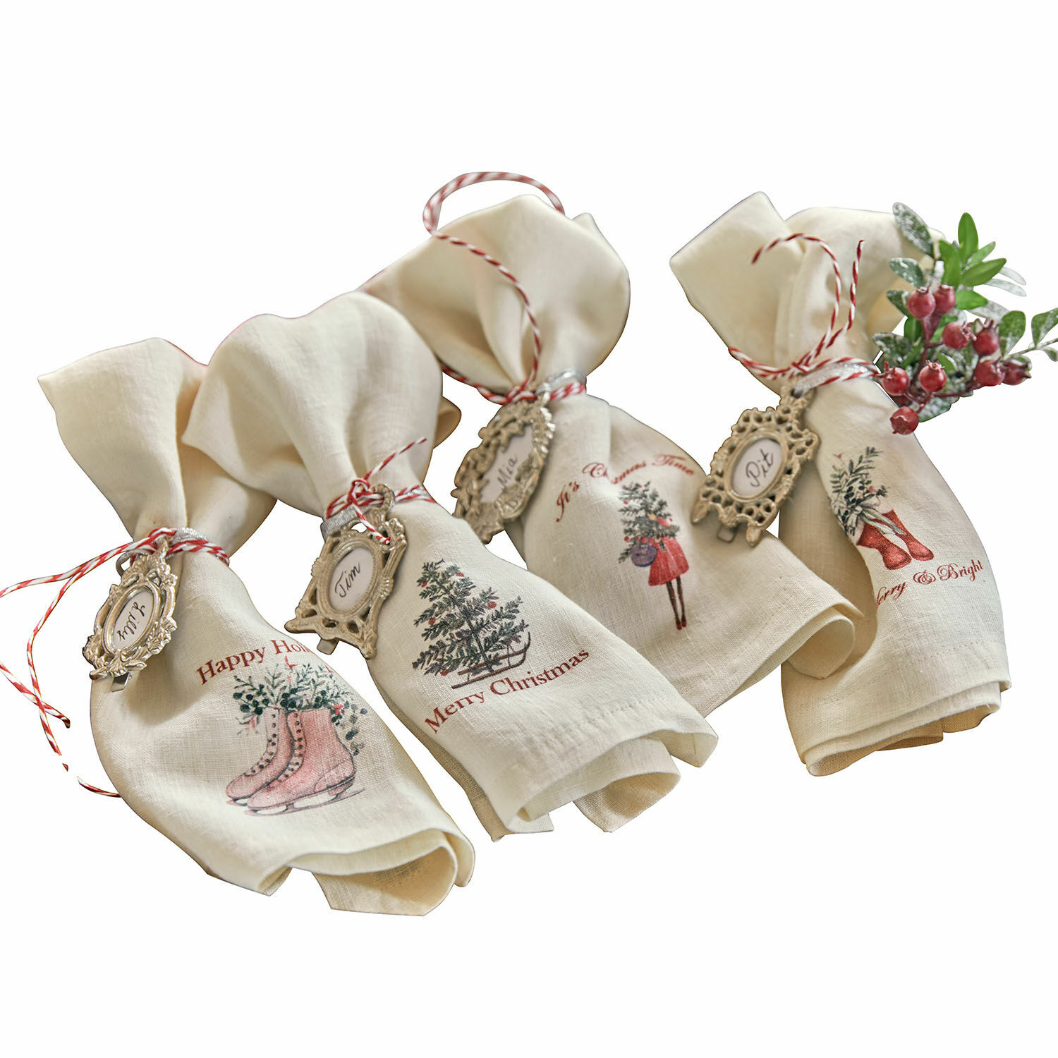 Set di 4 tovaglioli Merry & Bright Set di tovaglioli di lino natalizi con stampa e targhette decorative, decorazione tavola festiva