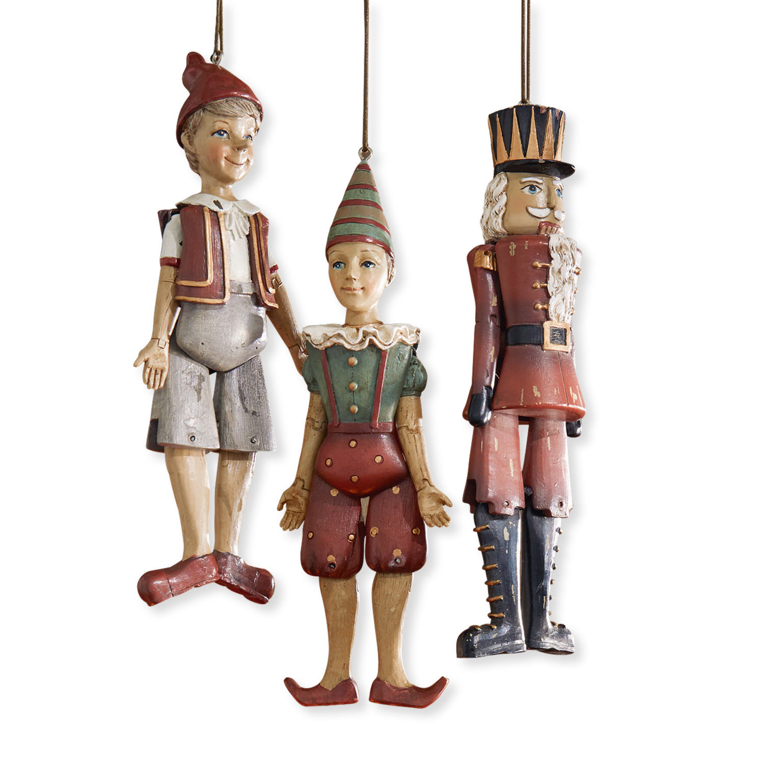 Set di 3 statuine Udine Set di tre decorazioni sospese in legno vintage: Pinocchio, clown e soldato in rosso e verde