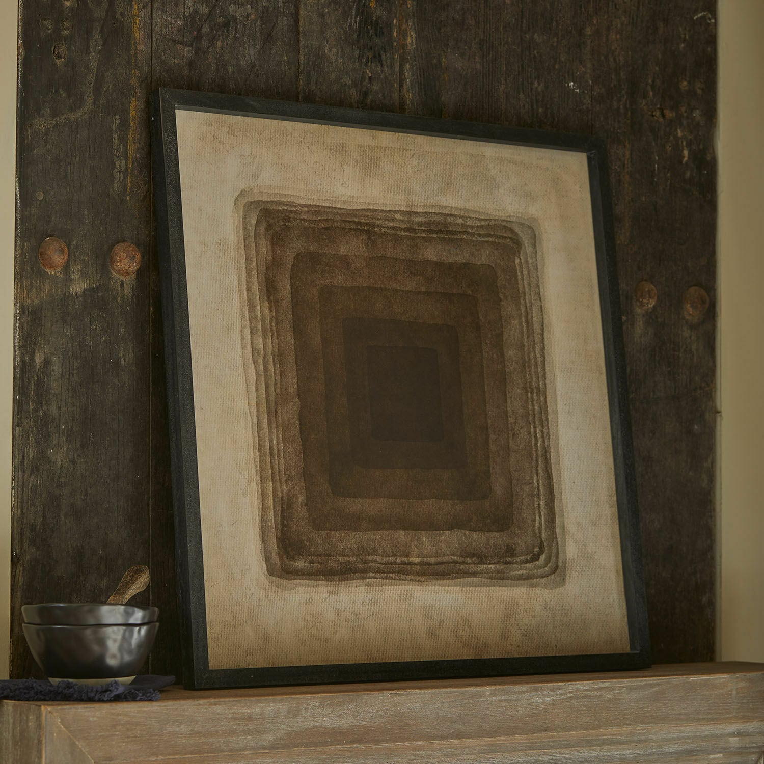 Quadro Zayden Quadro decorativo con motivo geometrico in tonalità di marrone su sfondo beige, decorazione murale moderna