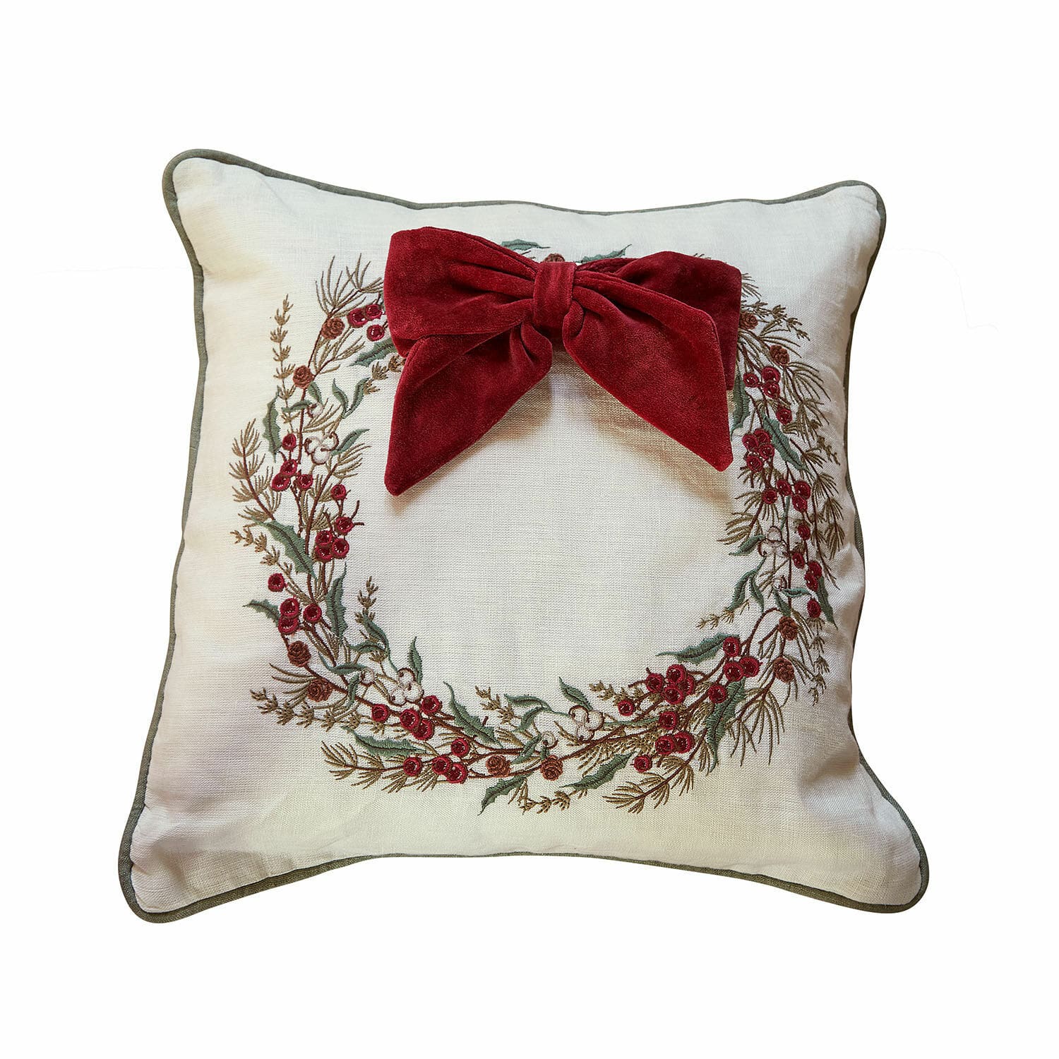 Copricuscino Cévaline Cuscino decorativo in lino ecru con corona ricamata e fiocco rosso bordeaux per arredamento