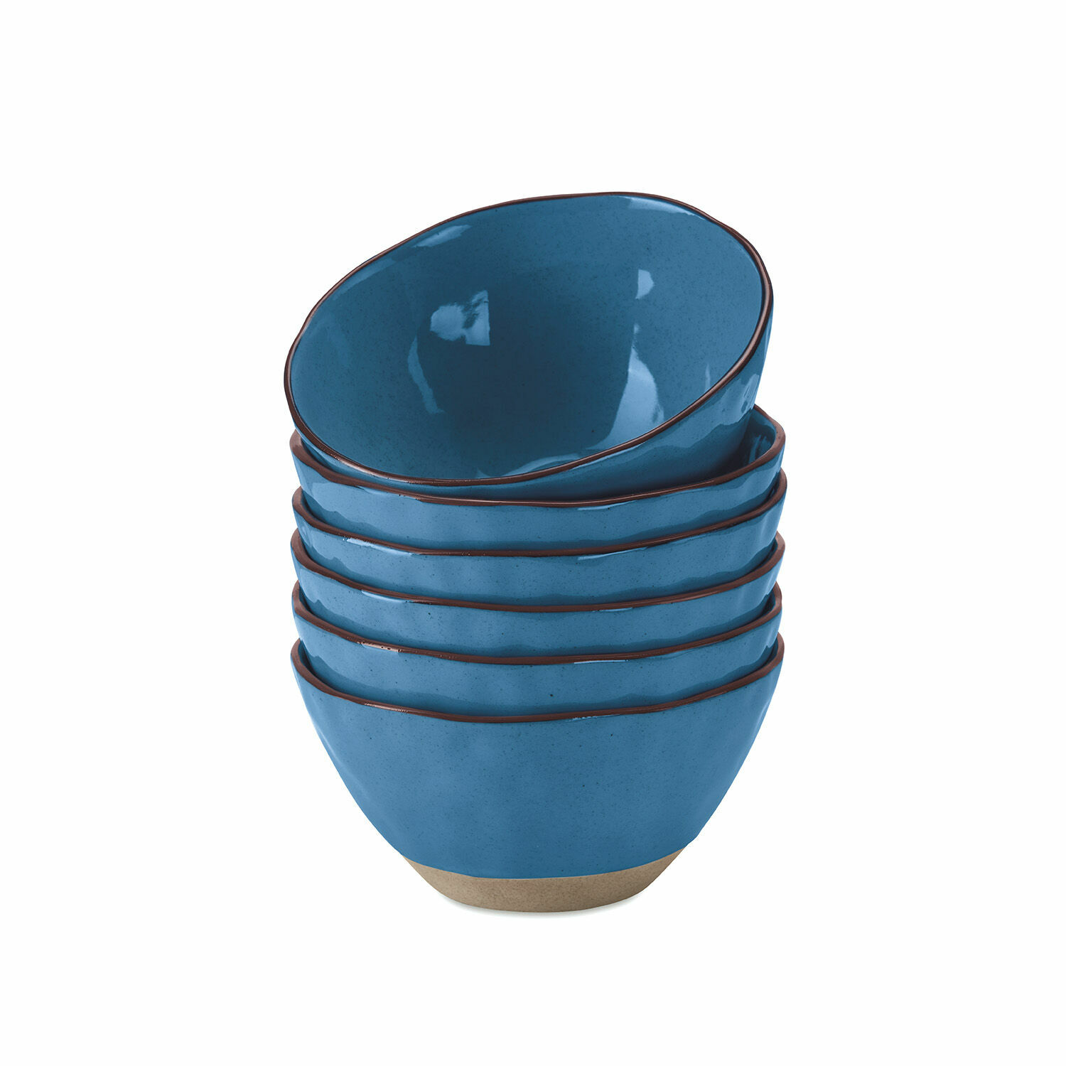 Set di 6 scodelle Biarré Set di sei ciotole in ceramica blu con bordo marrone e base naturale per servire