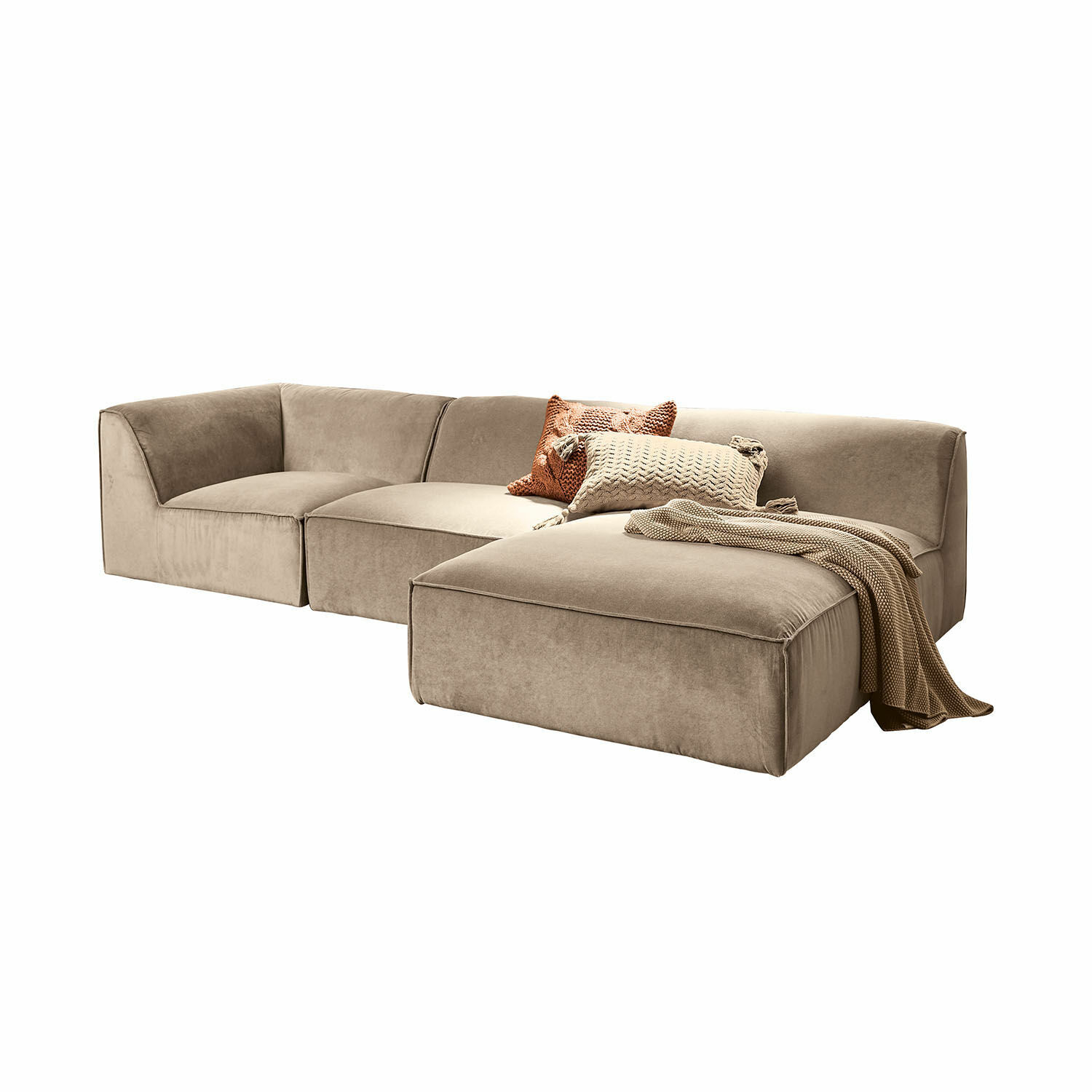 Divano McLean Divano modulare beige in tessuto morbido con cuscini e coperta, mobile moderno e confortevole