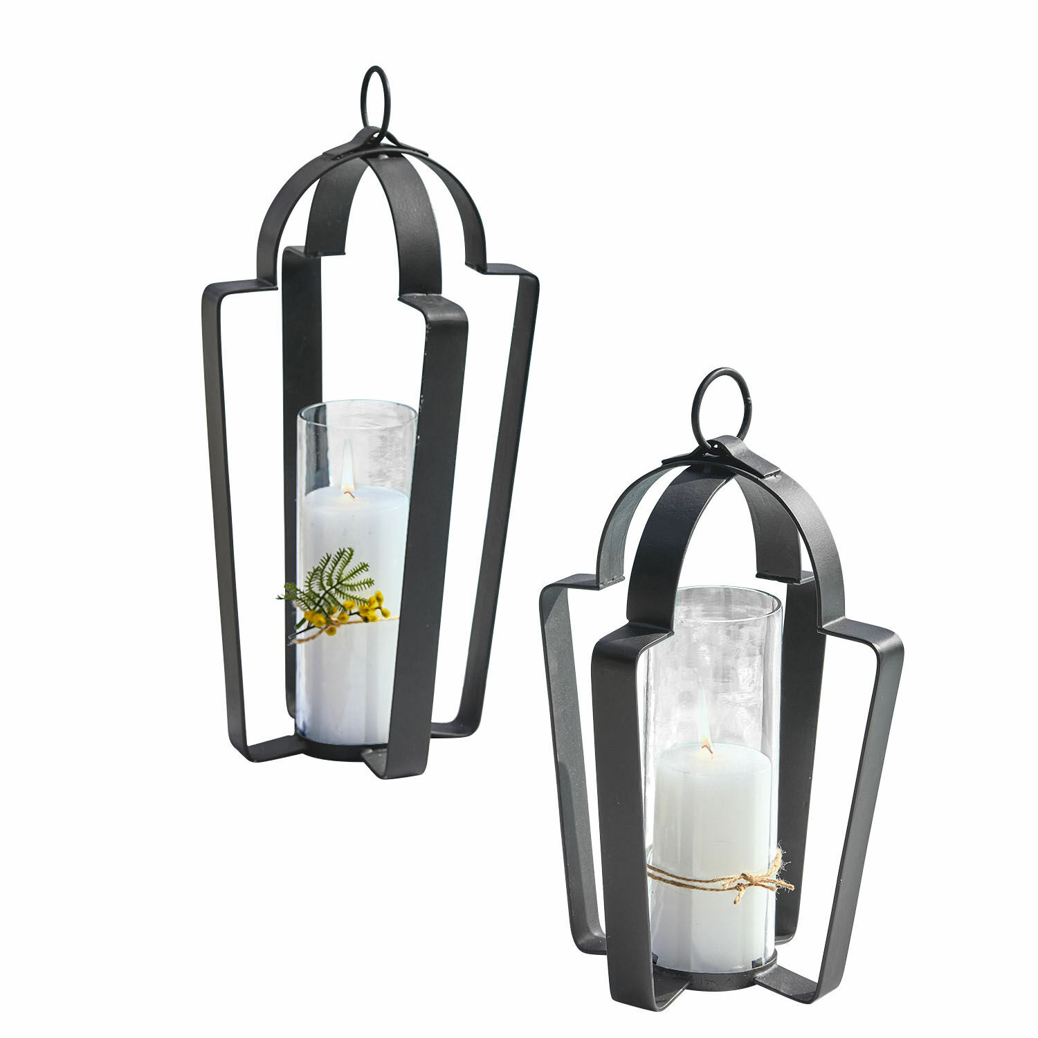 Coppia di lanterne Cime Set di due lanterne in metallo nero con candele bianche e protezione in vetro, decorazione per interni