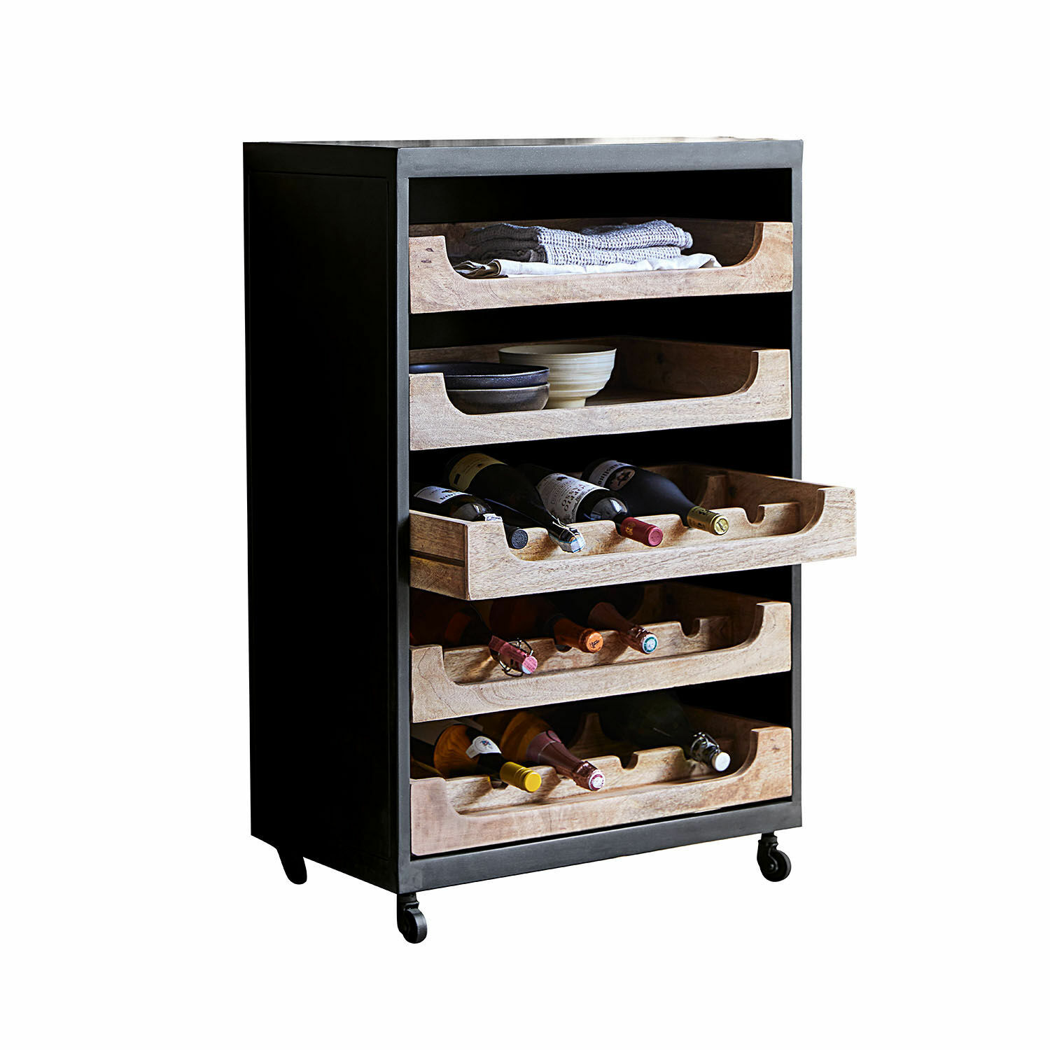 Scaffale portabottiglie Jacksonville Mobile nero in metallo con ruote e cassetti in legno per bottiglie di vino e accessori
