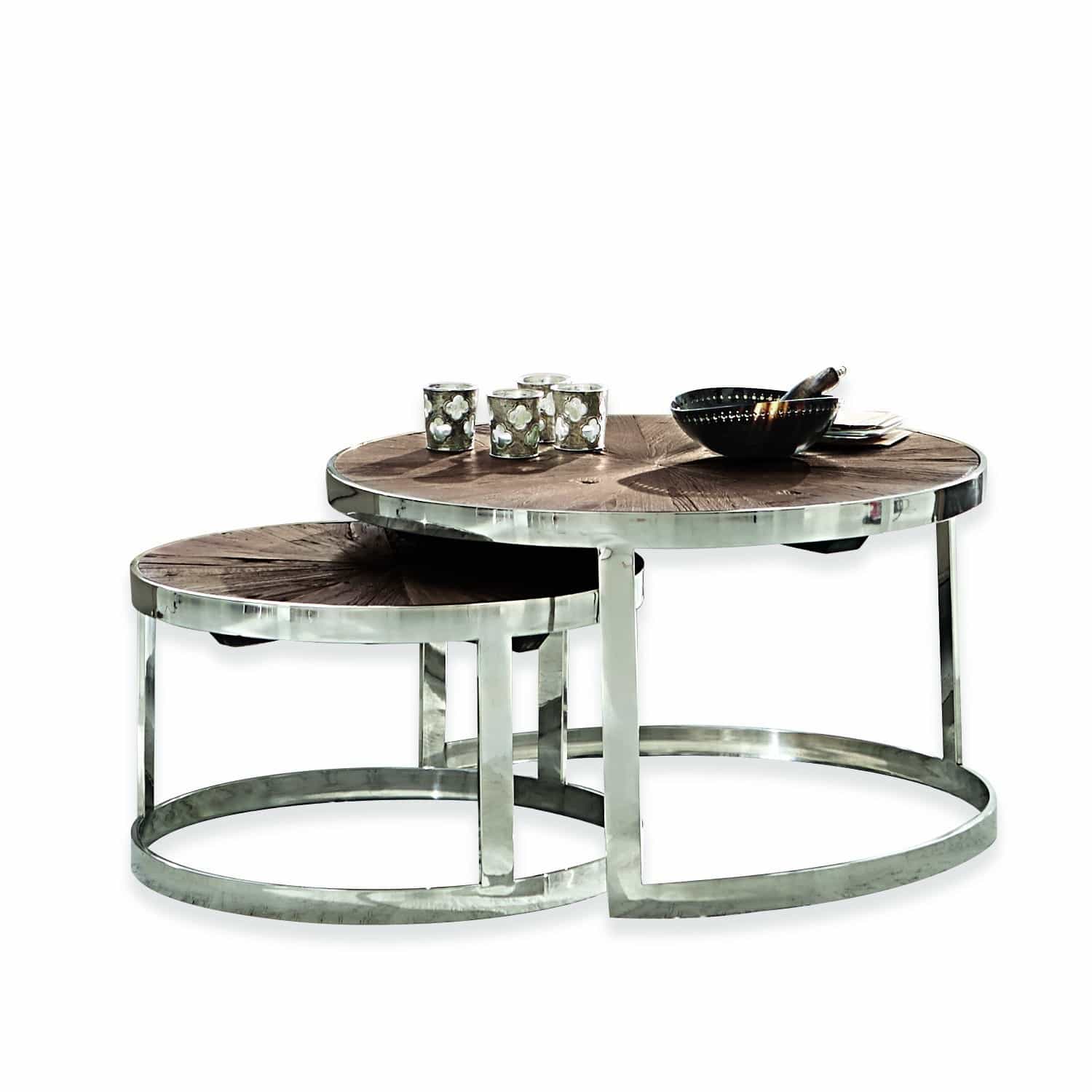 Coppia di tavolini da salotto Houghton Set di due tavolini rotondi con piano in legno scuro e struttura metallica, design moderno