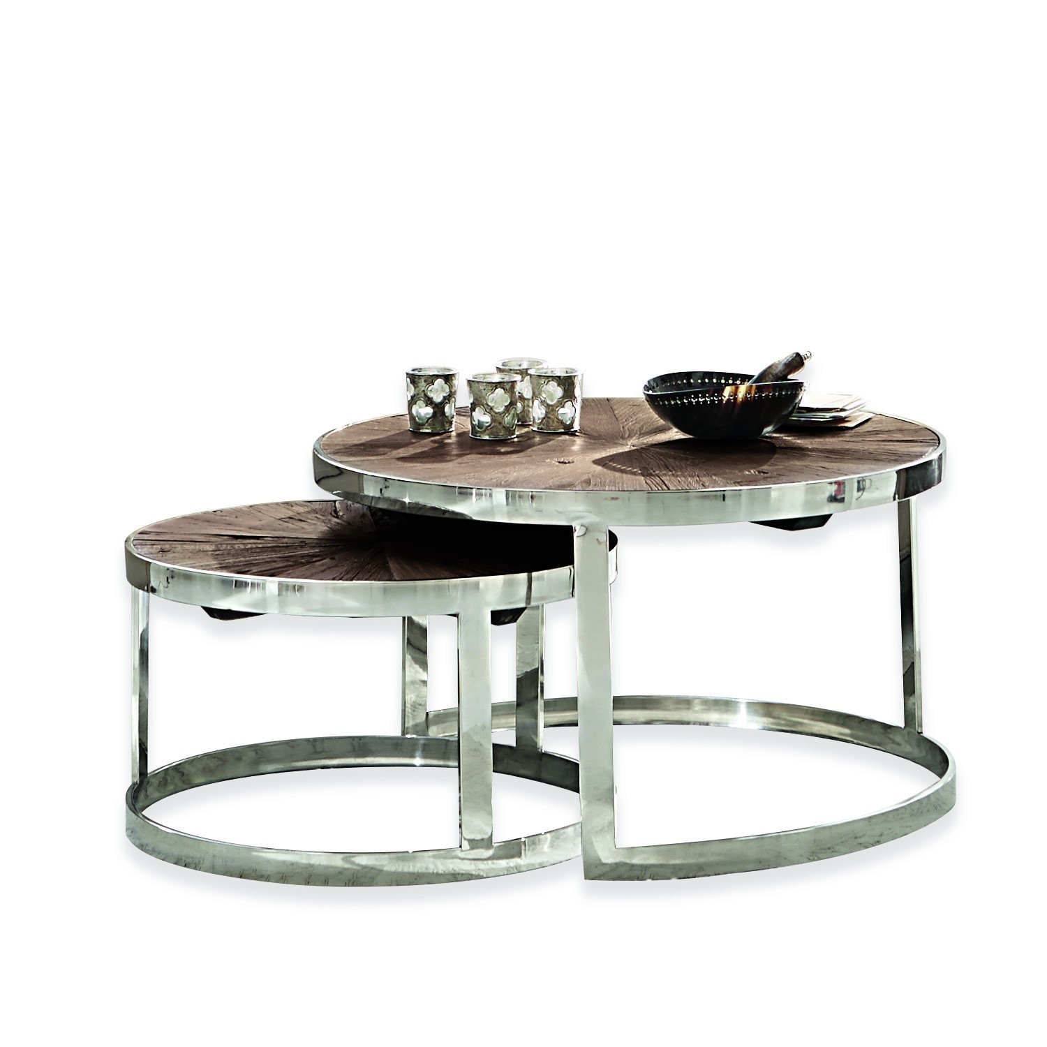 Coppia di tavolini da salotto Houghton Set di due tavolini rotondi con piano in legno scuro e struttura metallica, design moderno