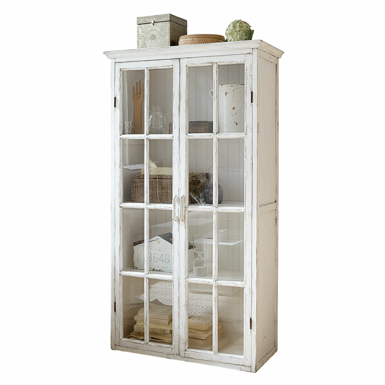 Credenza Keanu Vetrina in legno bianco con ante in vetro e ripiani decorativi per soggiorno