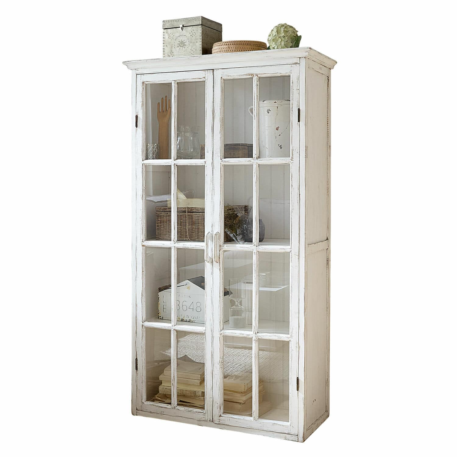 Credenza Keanu Vetrina in legno bianco con ante in vetro e ripiani decorativi per soggiorno