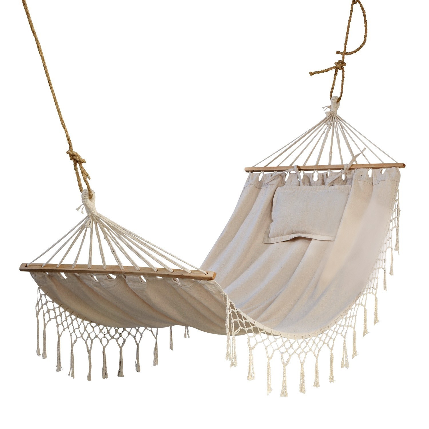 Amaca Moline Amaca beige in cotone con aste in legno e frange decorative per relax all'aperto