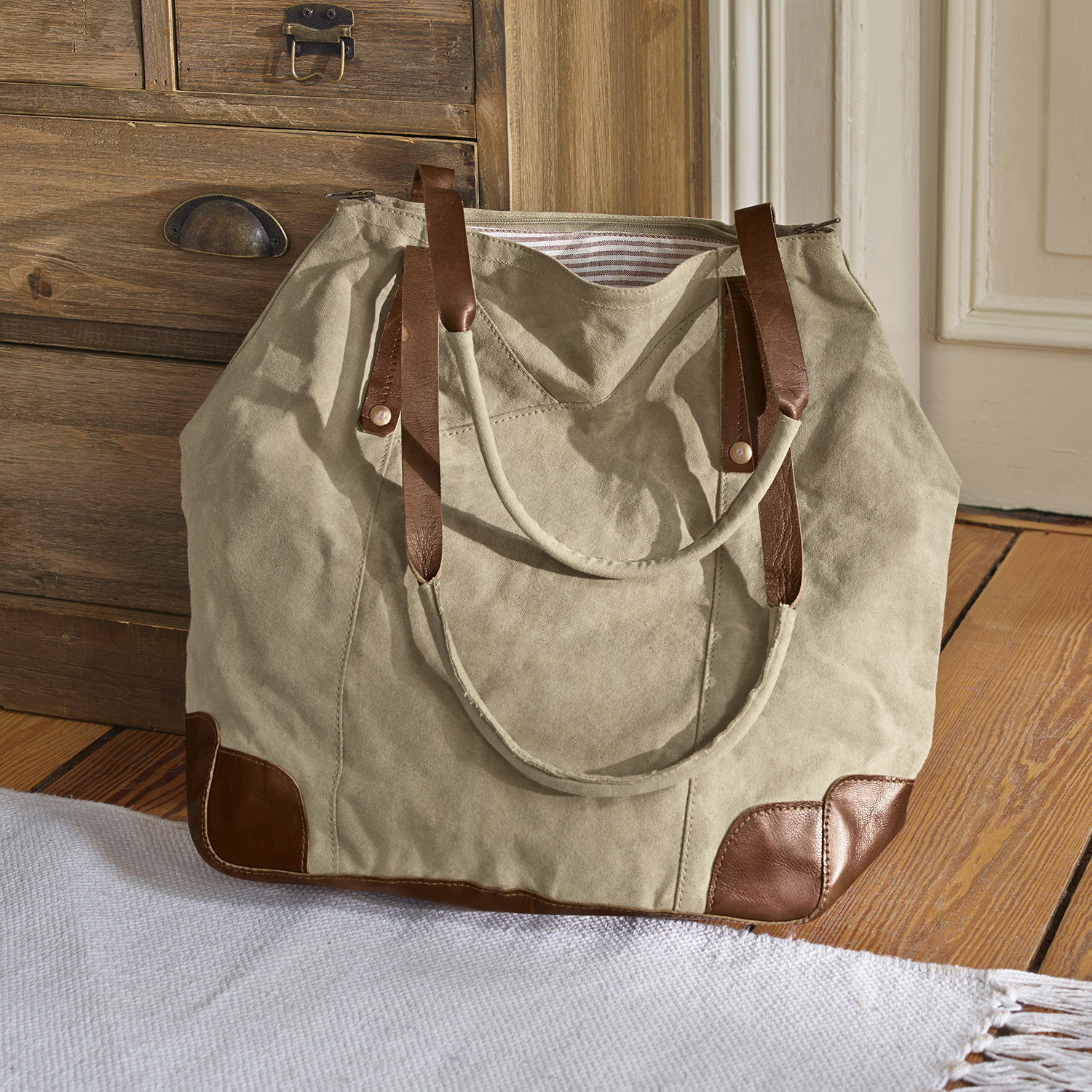 Borsa Padme Borsa beige in tessuto con manici e rinforzi in pelle marrone, borsa pratica per la spesa