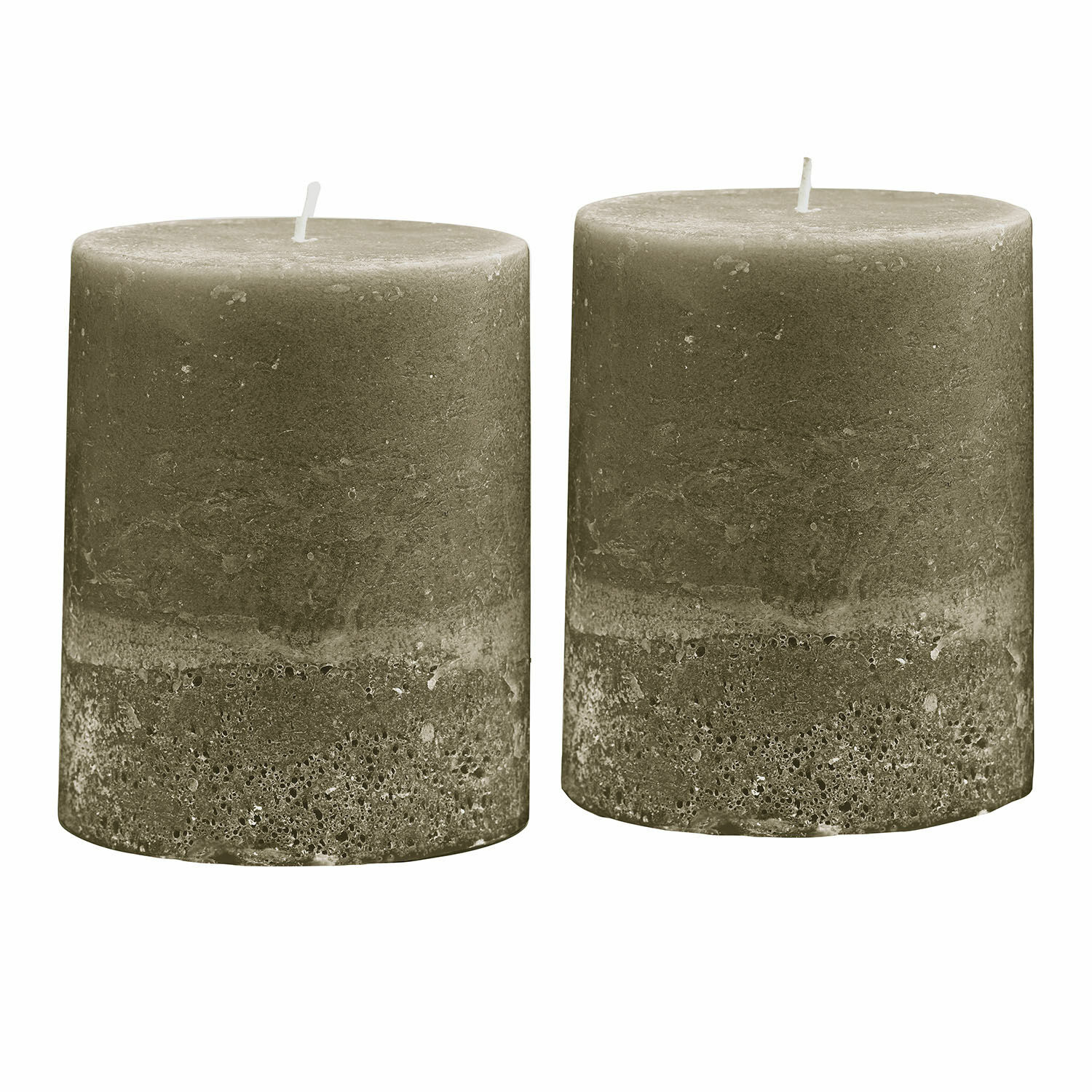 verde oliva Set di due candele Oviedo verde oliva con texture rustica per decorazione d'interni