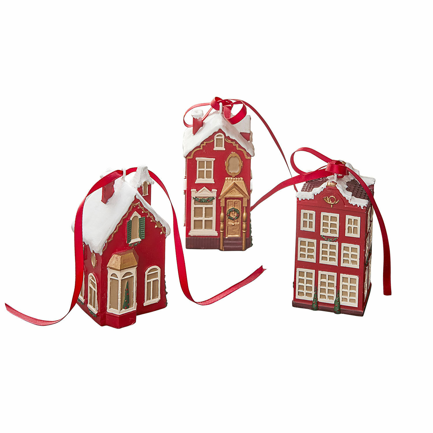 Set di 3 decorazioni da appendere Aravyn Set di tre decorazioni a forma di casetta rossa con tetto bianco e nastro rosso per albero di Natale