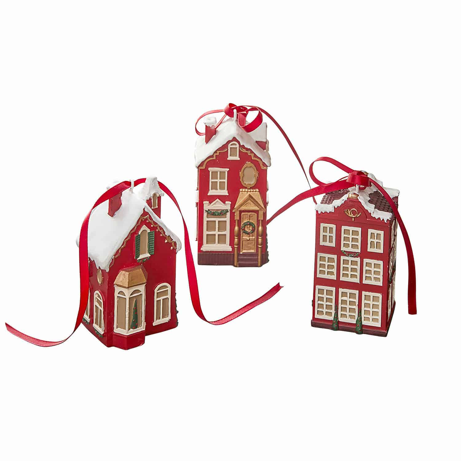 Set di 3 decorazioni da appendere Aravyn Set di tre decorazioni a forma di casetta rossa con tetto bianco e nastro rosso per albero di Natale