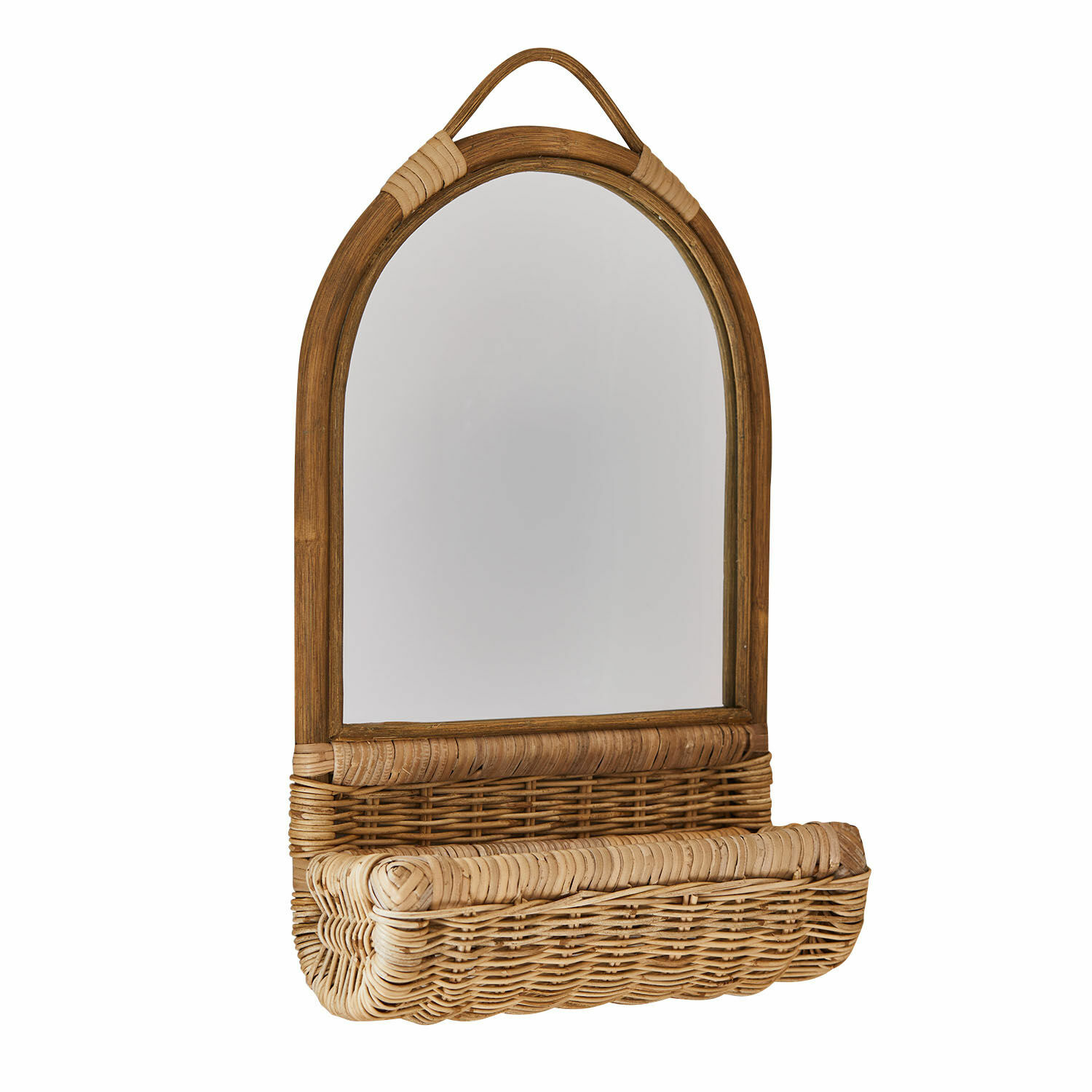 Specchio Olmiera Specchio ovale con cornice e cestino in rattan naturale per riporre piccoli oggetti