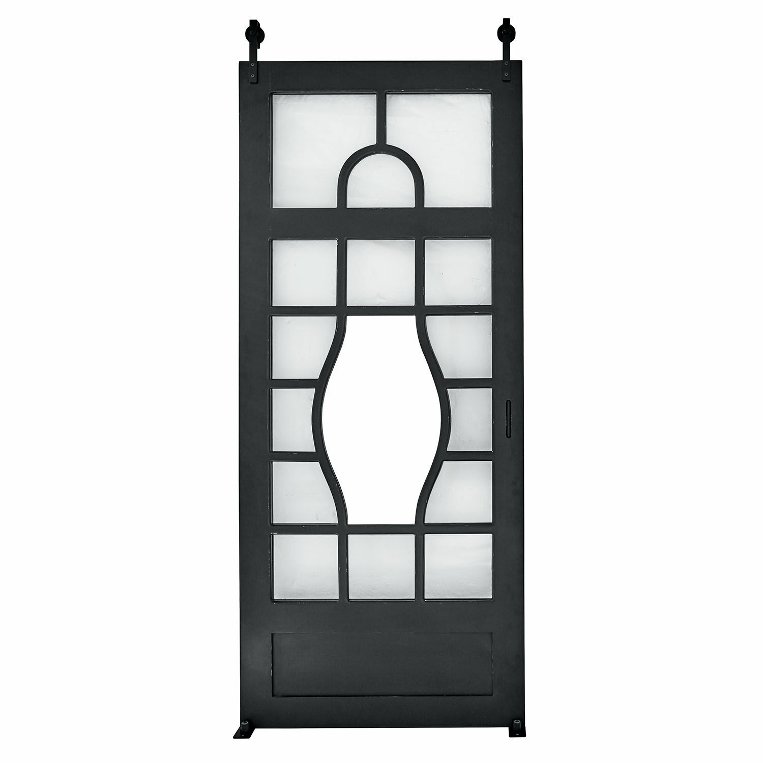 Porta scorrevole Wilmorton Porta scorrevole nera in metallo con motivo geometrico e vetro satinato per interni