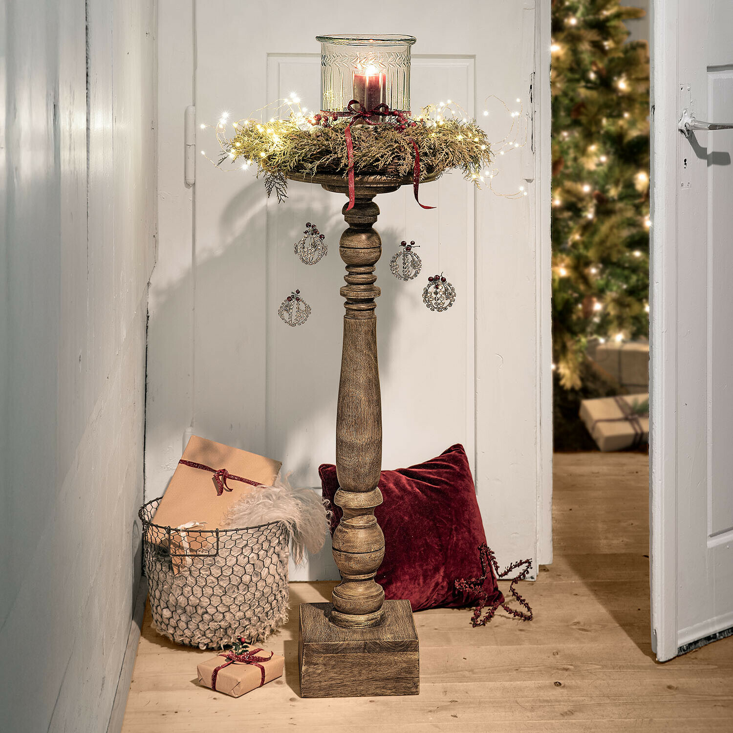 Candeliere Lisounette Portacandele in legno con decorazioni natalizie e luci LED, decorazione festiva per interni