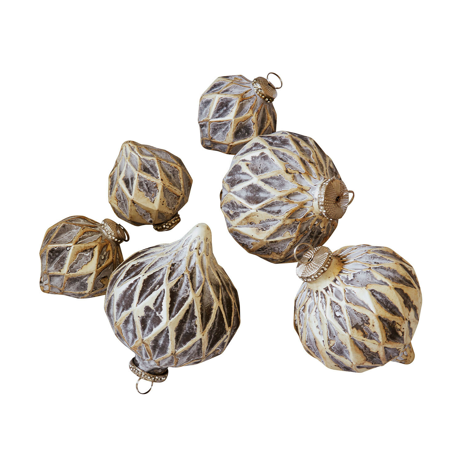 Set di 6 palline di Natale Lunagh Set di sei palline di Natale decorative in crema e grigio con motivo geometrico per decorazioni festive
