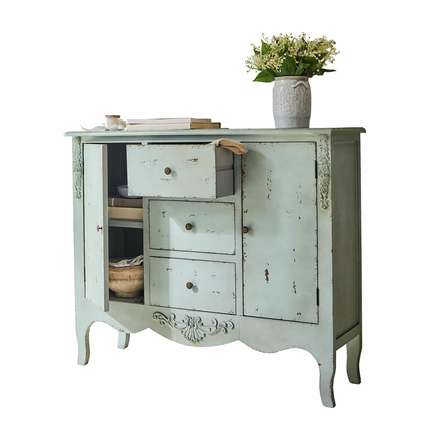 Comò Thalorian Comò vintage in legno verde menta con cassetti e dettagli decorativi per soggiorno