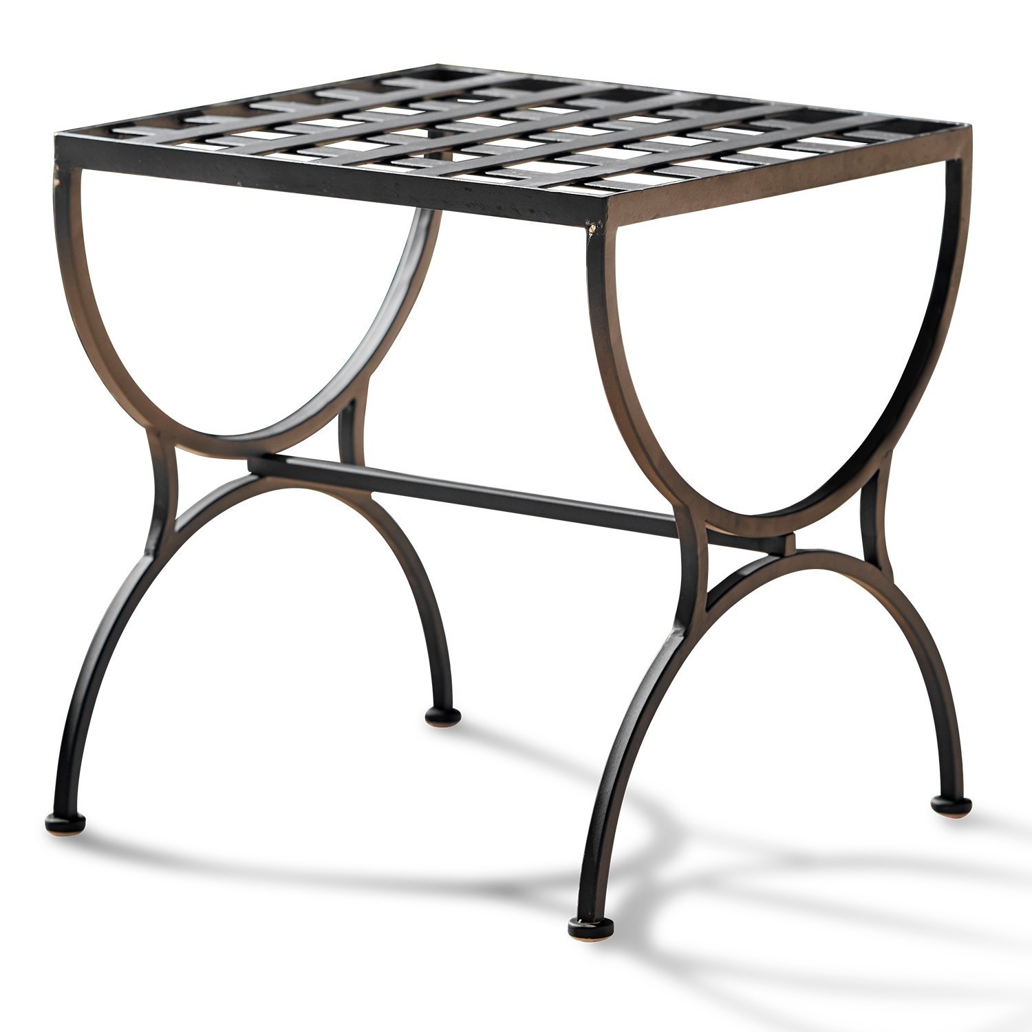 Sgabello Terell Tavolino nero in metallo con motivo geometrico sul piano, mobile moderno per soggiorno