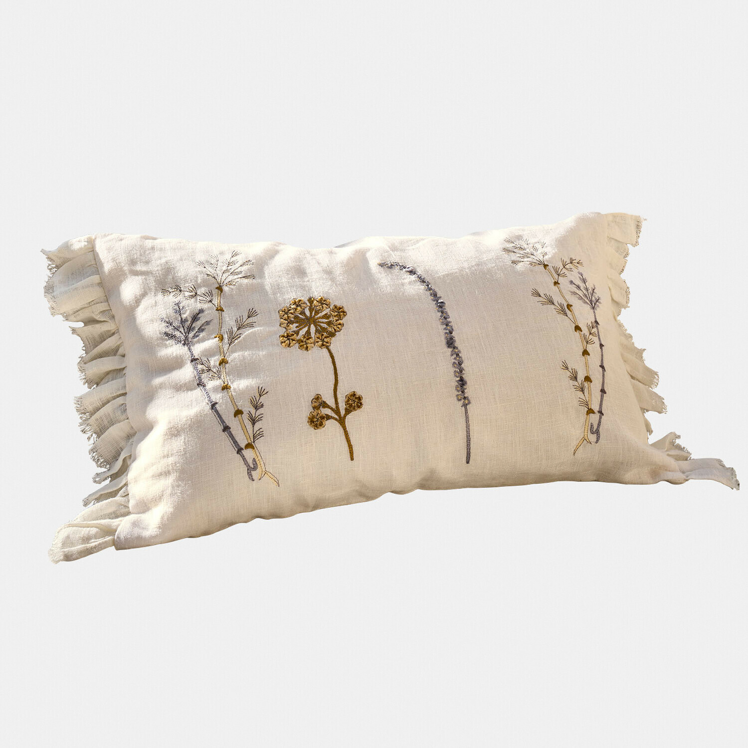 Copricuscino Quélivane Cuscino beige in lino con ricamo floreale e volant, cuscino decorativo per soggiorno o camera da letto
