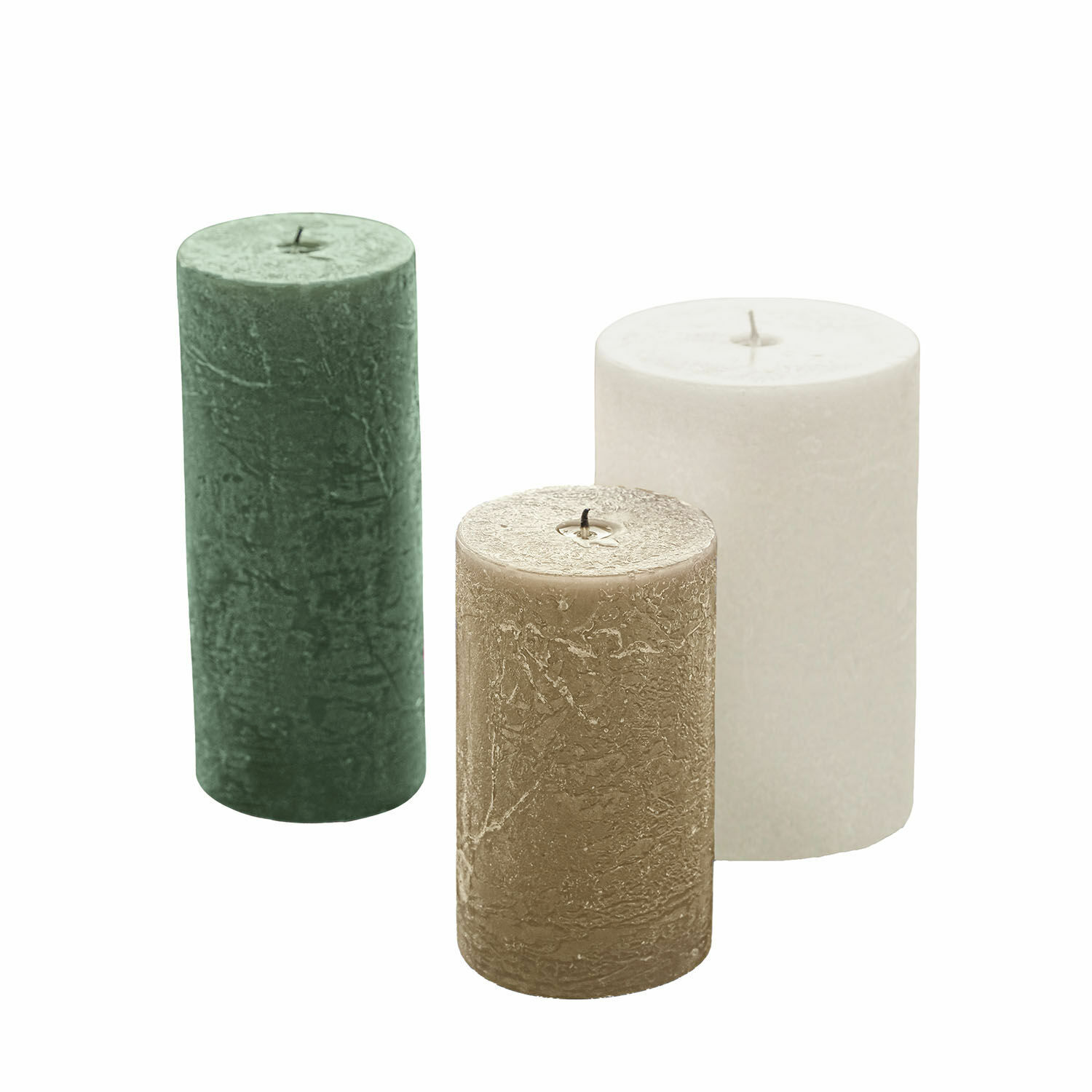 crema/verde/talpa Set di 3 candele Pretin crema, verde e taupe con finitura rustica