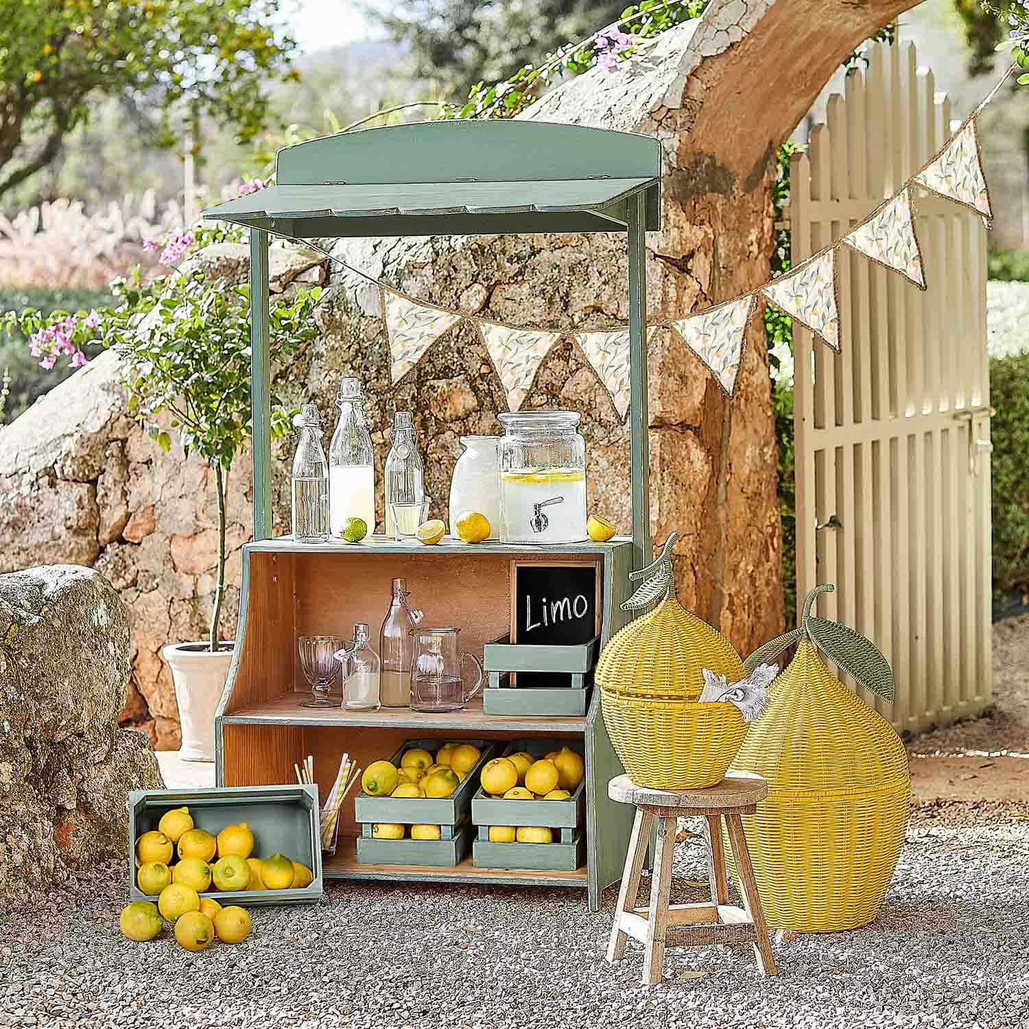 Banco in legno verde con limoni e bottiglie di vetro per limonata in giardino soleggiato