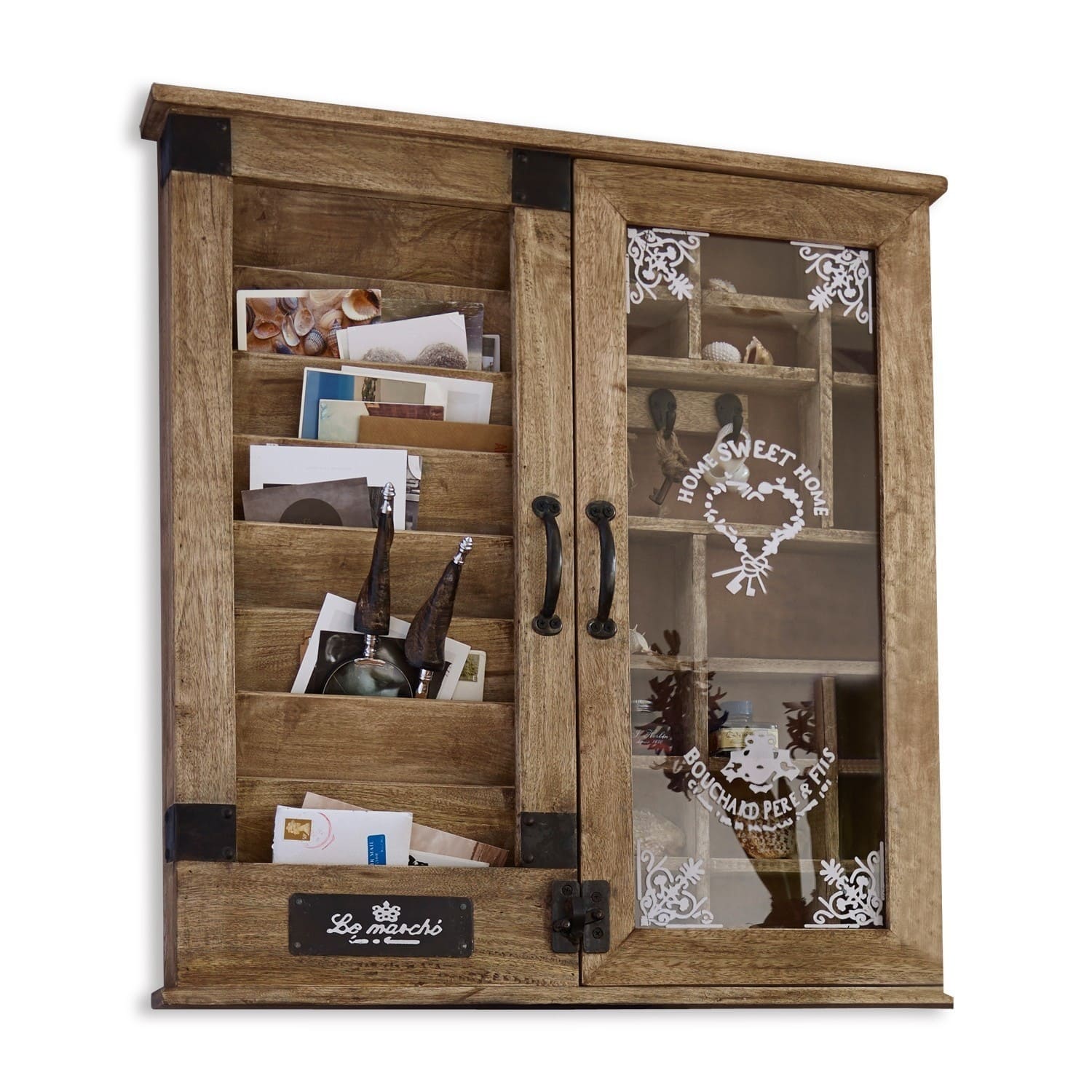 Portaoggetti Shelby Mobile da parete in legno con scomparti e porta in vetro con scritta Home Sweet Home
