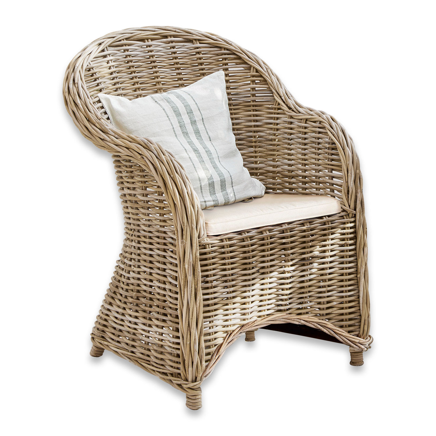 Poltrona Margate Poltrona in rattan colore naturale con cuscino chiaro e cuscino decorativo a righe