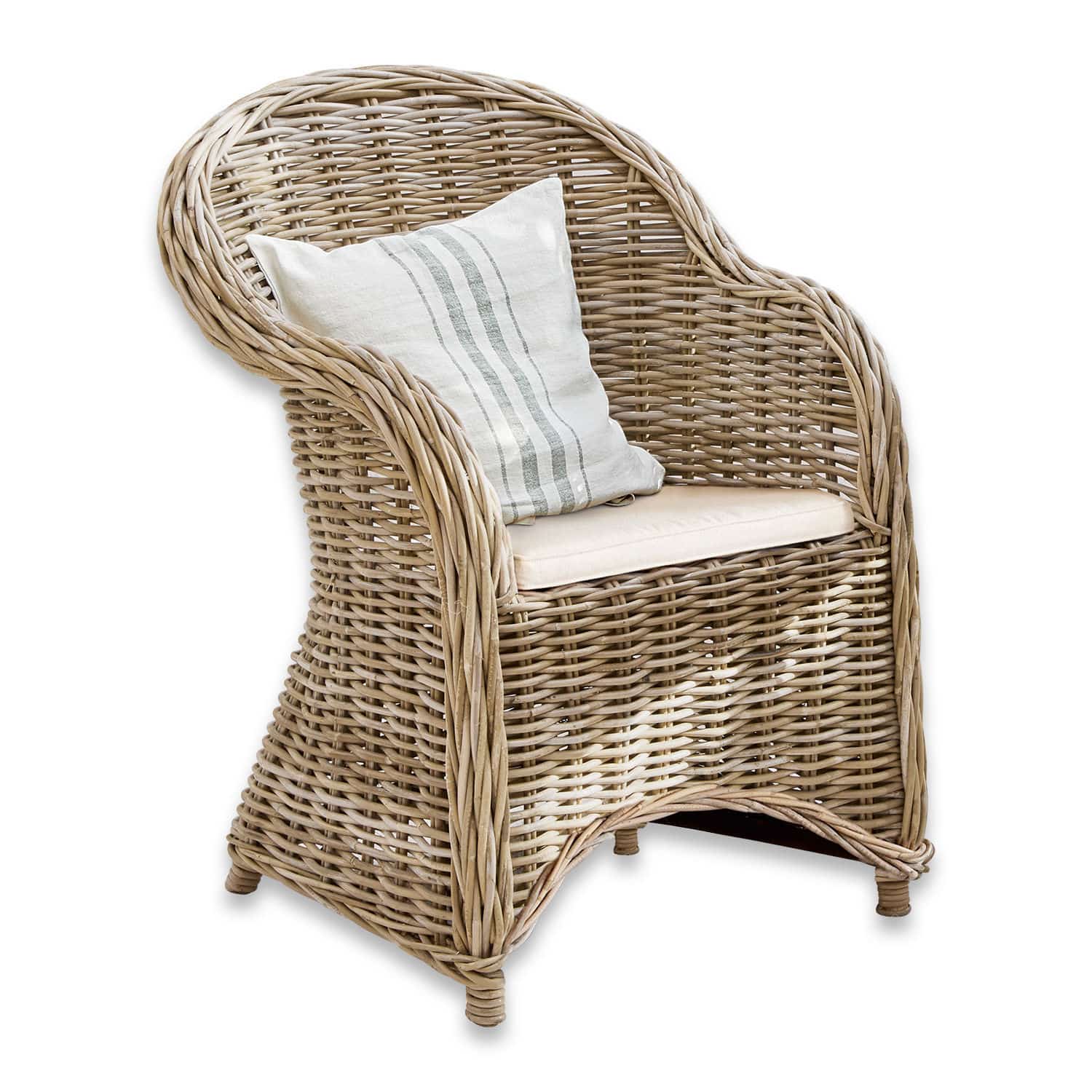 Poltrona Margate Poltrona in rattan colore naturale con cuscino chiaro e cuscino decorativo a righe