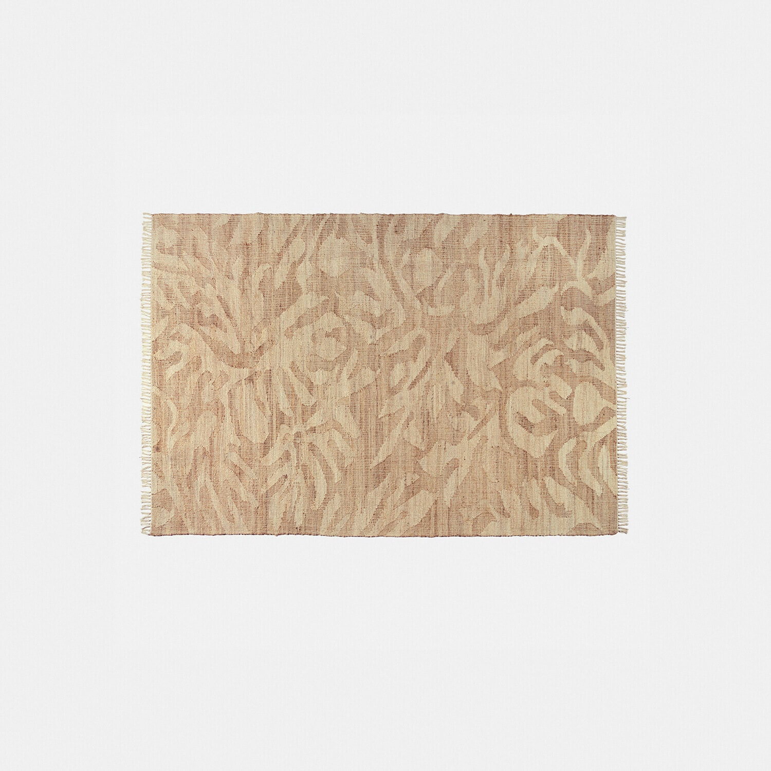 Tappeto Marsetta Tappeto beige in materiale naturale con motivo astratto e frange ai lati, decorazione per pavimenti