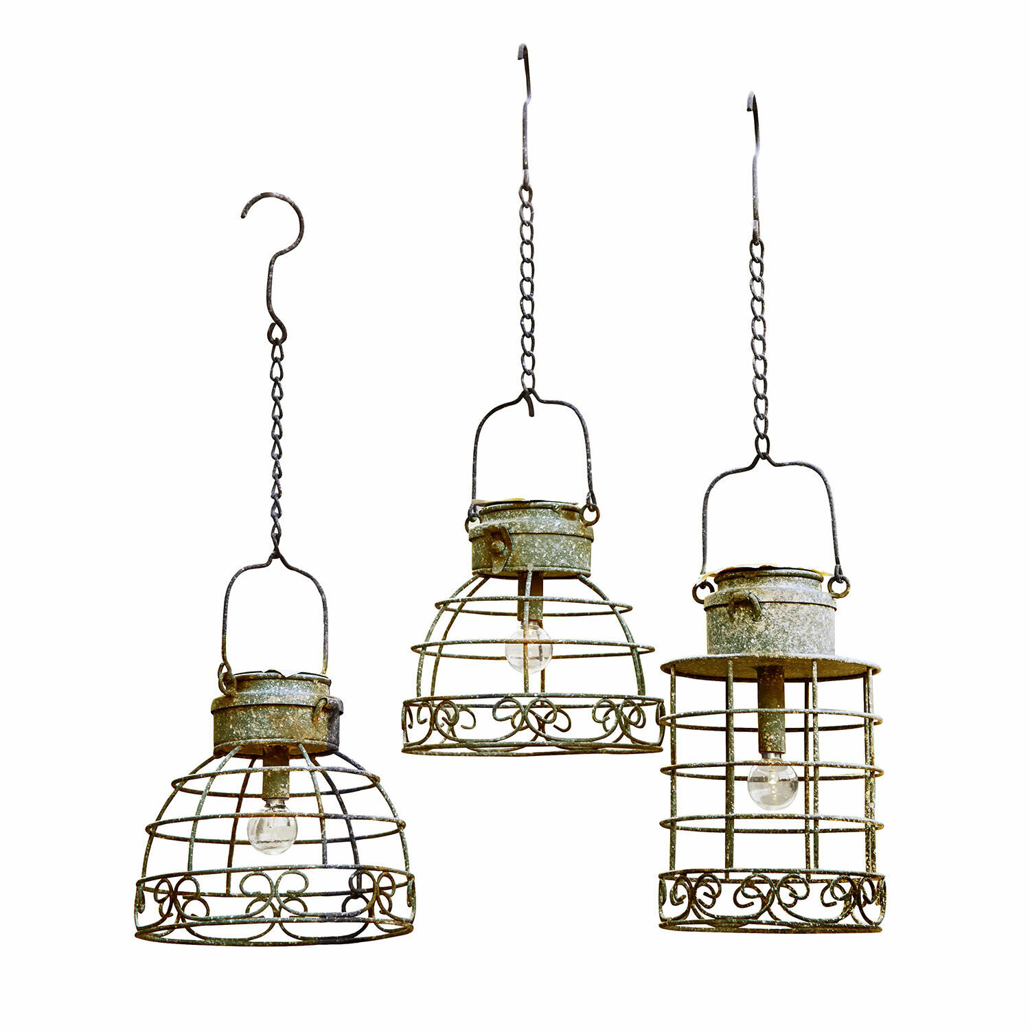 Set di 3 lanterne solari Yirevol Set di tre lampade sospese in metallo verde-grigio stile vintage con design a rete, illuminazione decorativa