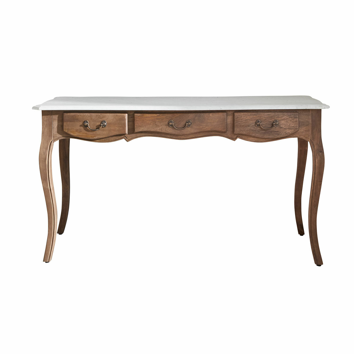 Scrivania Whittlesey Scrivania classica con struttura in legno e piano in marmo bianco, mobile elegante per soggiorno