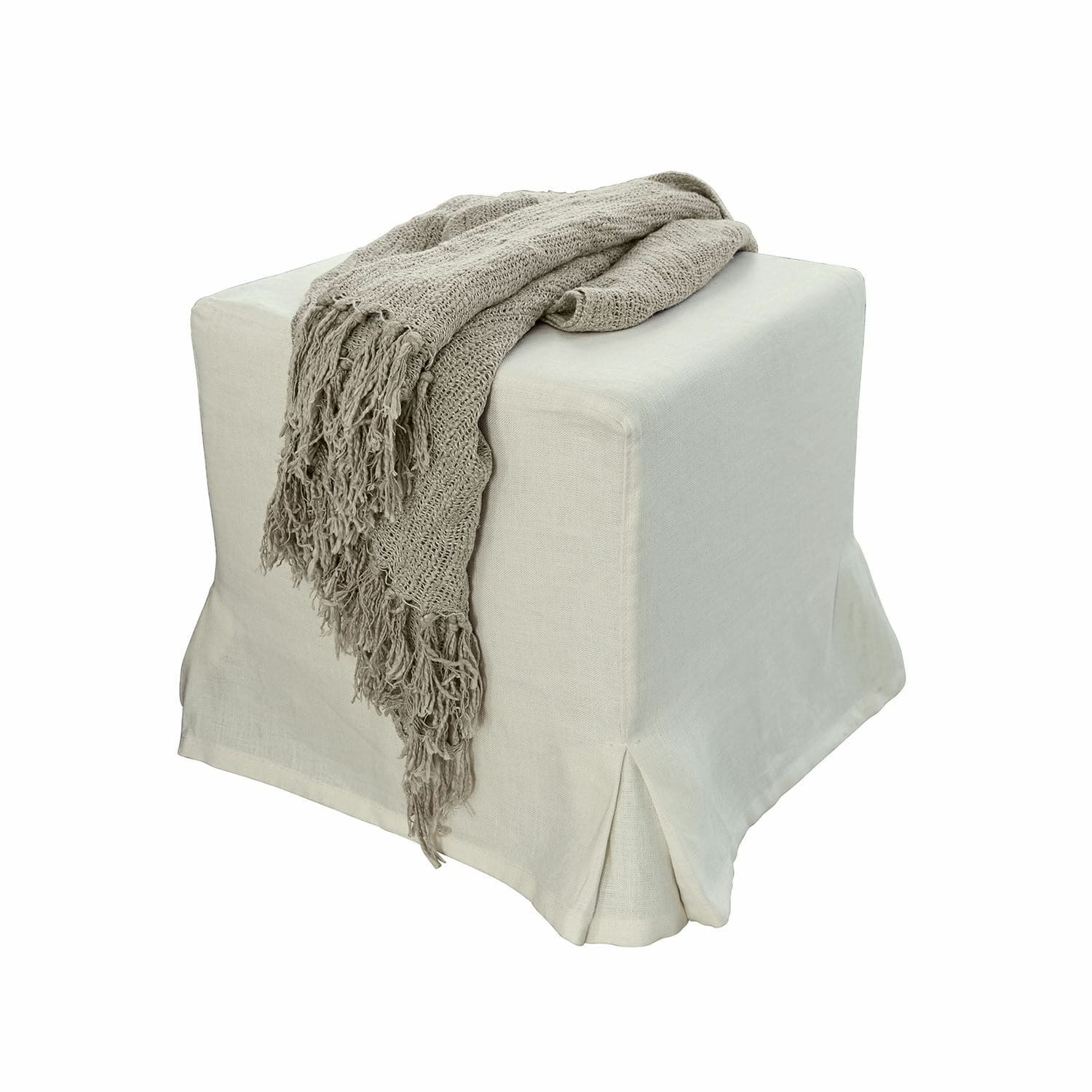 Pouf Ulysette Pouf beige in tessuto con coperta grigia lavorata a maglia con frange, arredo e decorazione