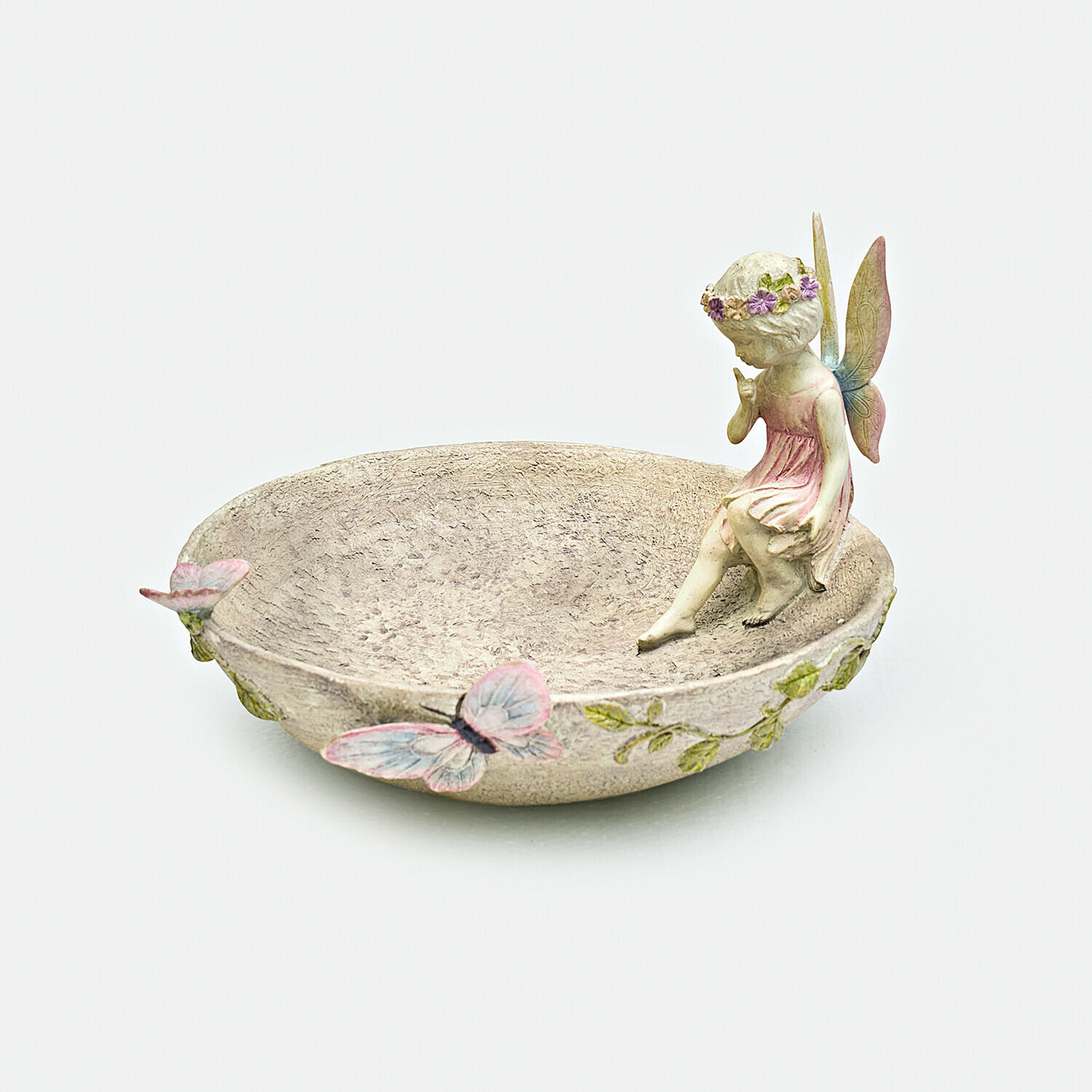 Abbeveratoio per uccellini Finnedra Ciotola decorativa in resina con fata seduta e farfalle color pastello per arredamento casa