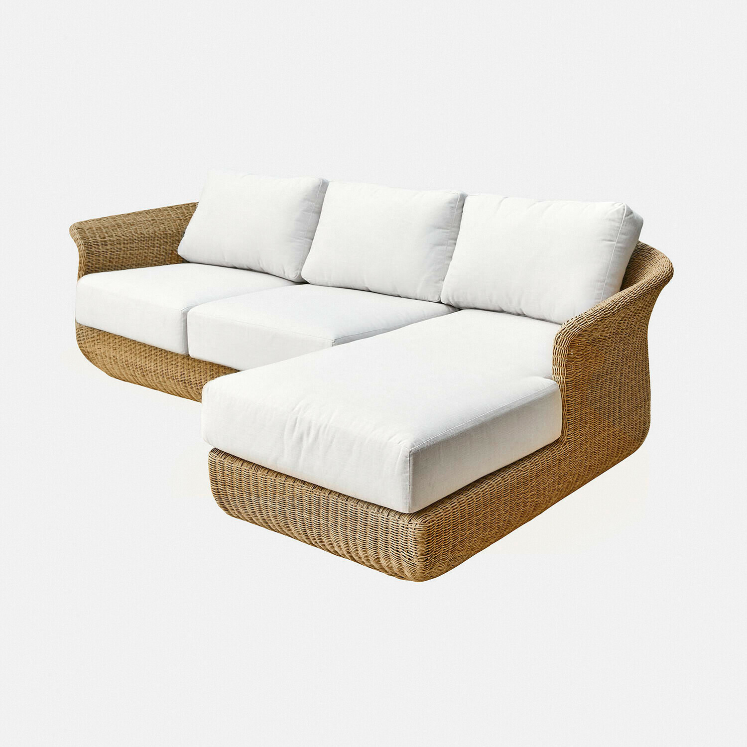 Divano Cassianas Divano angolare in rattan con cuscini bianchi, mobile confortevole per soggiorno o giardino