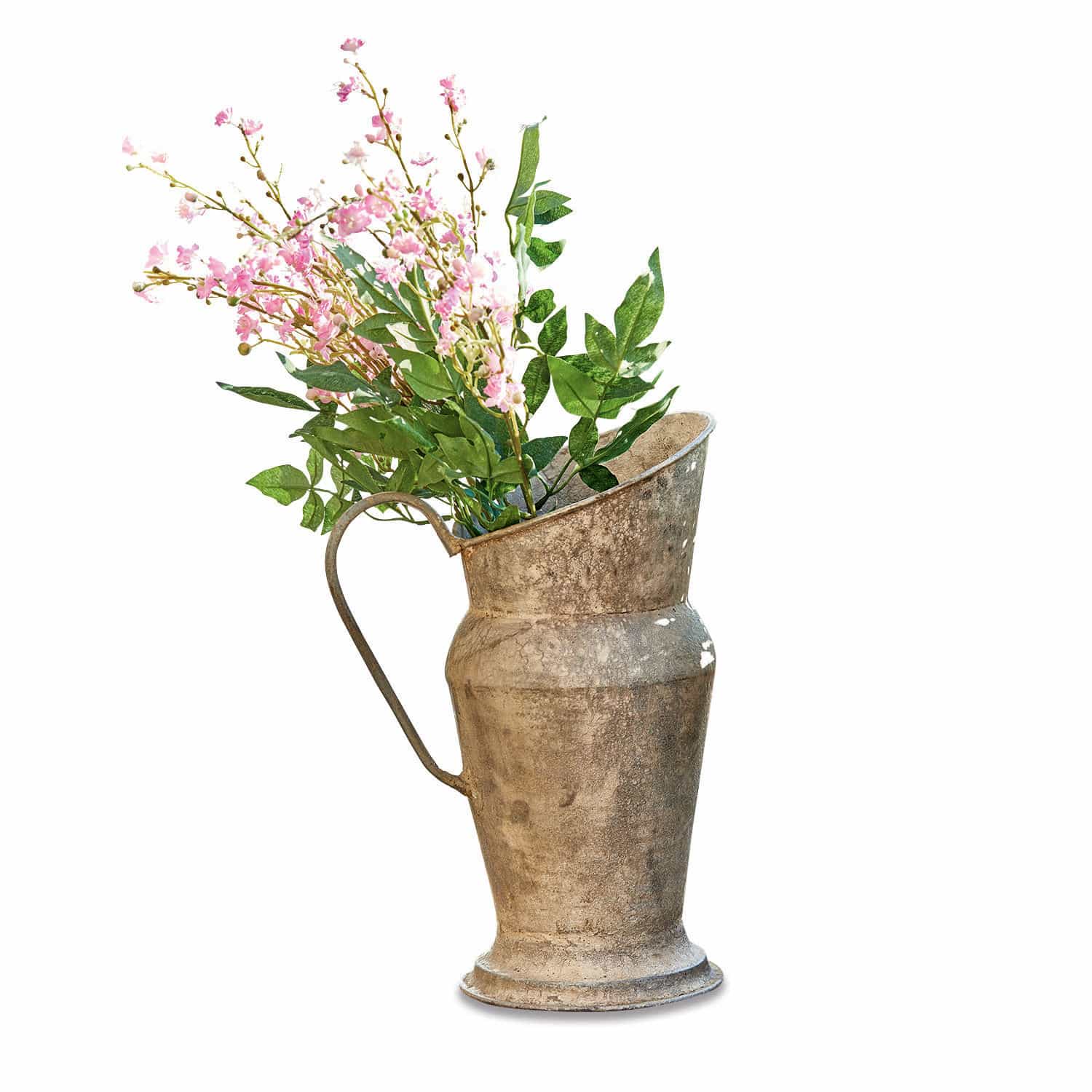 Brocca Asante Brocca in metallo stile vintage con foglie verdi e fiori rosa per decorazione d'interni