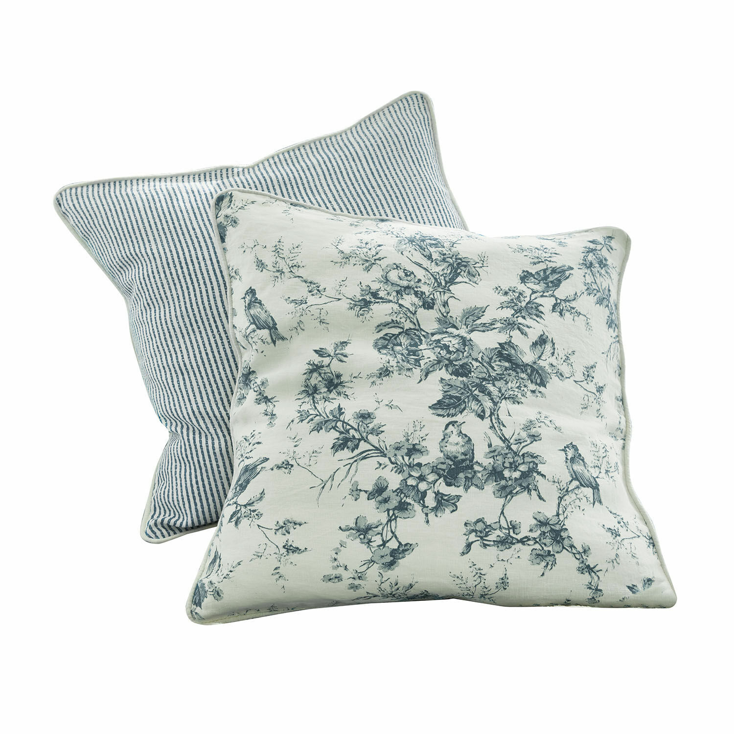 Coppia di cuscini Emilie Set di due cuscini decorativi in cotone con motivi blu di uccelli e righe