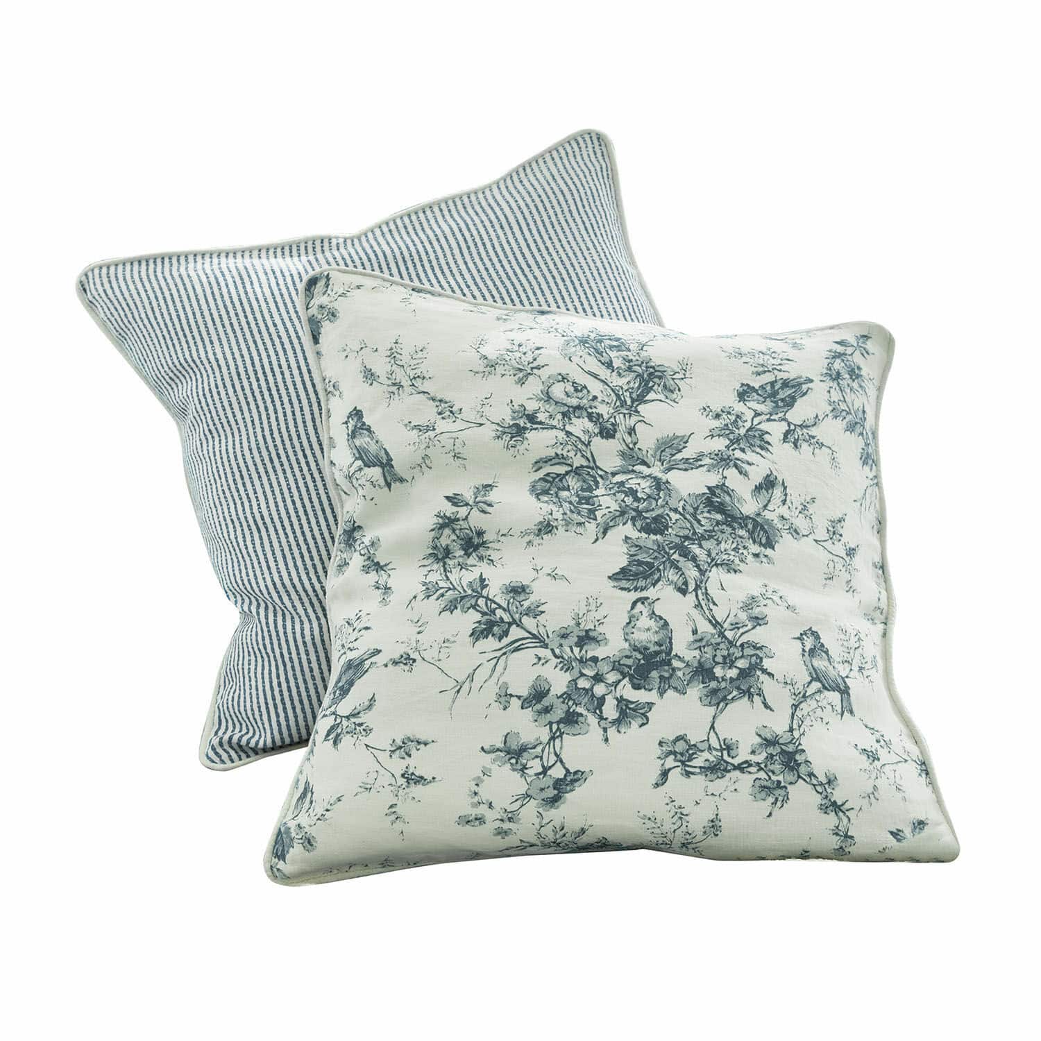 Coppia di cuscini Emilie Set di due cuscini decorativi in cotone con motivi blu di uccelli e righe